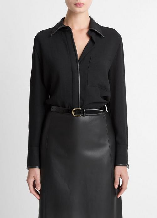 Faux-Leather-Trim Crepe Button-Front Shirt