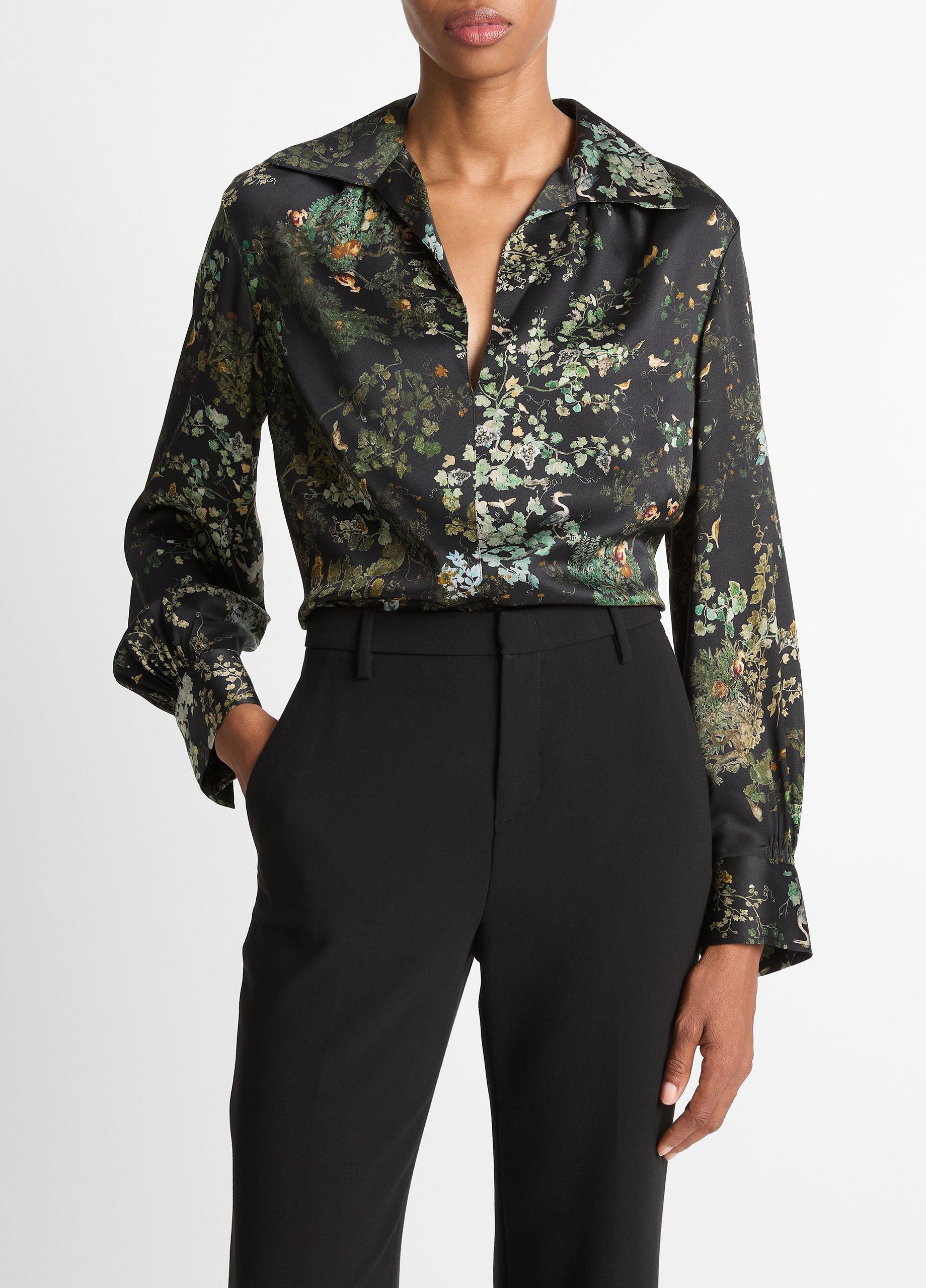 Smocked Grape Vine Silk Long-Sleeve Blouse image number 0