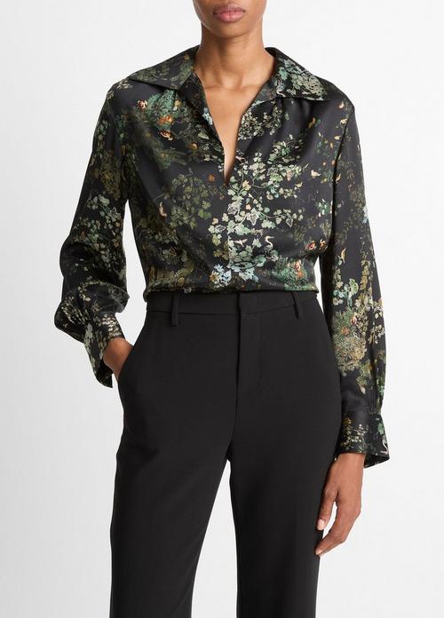 Smocked Grape Vine Silk Long-Sleeve Blouse