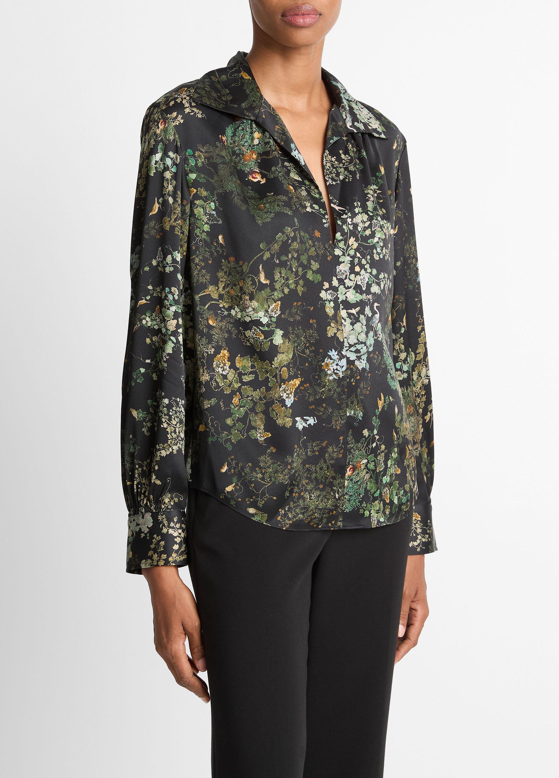 Smocked Grape Vine Silk Long-Sleeve Blouse image number 1