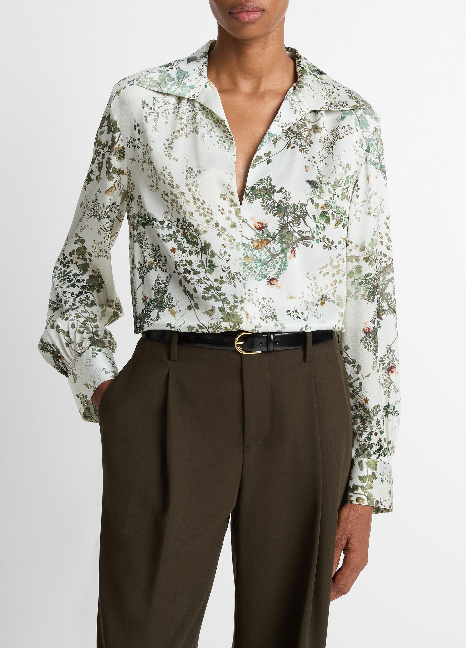 Smocked Grape Vine Silk Long-Sleeve Blouse image number 0