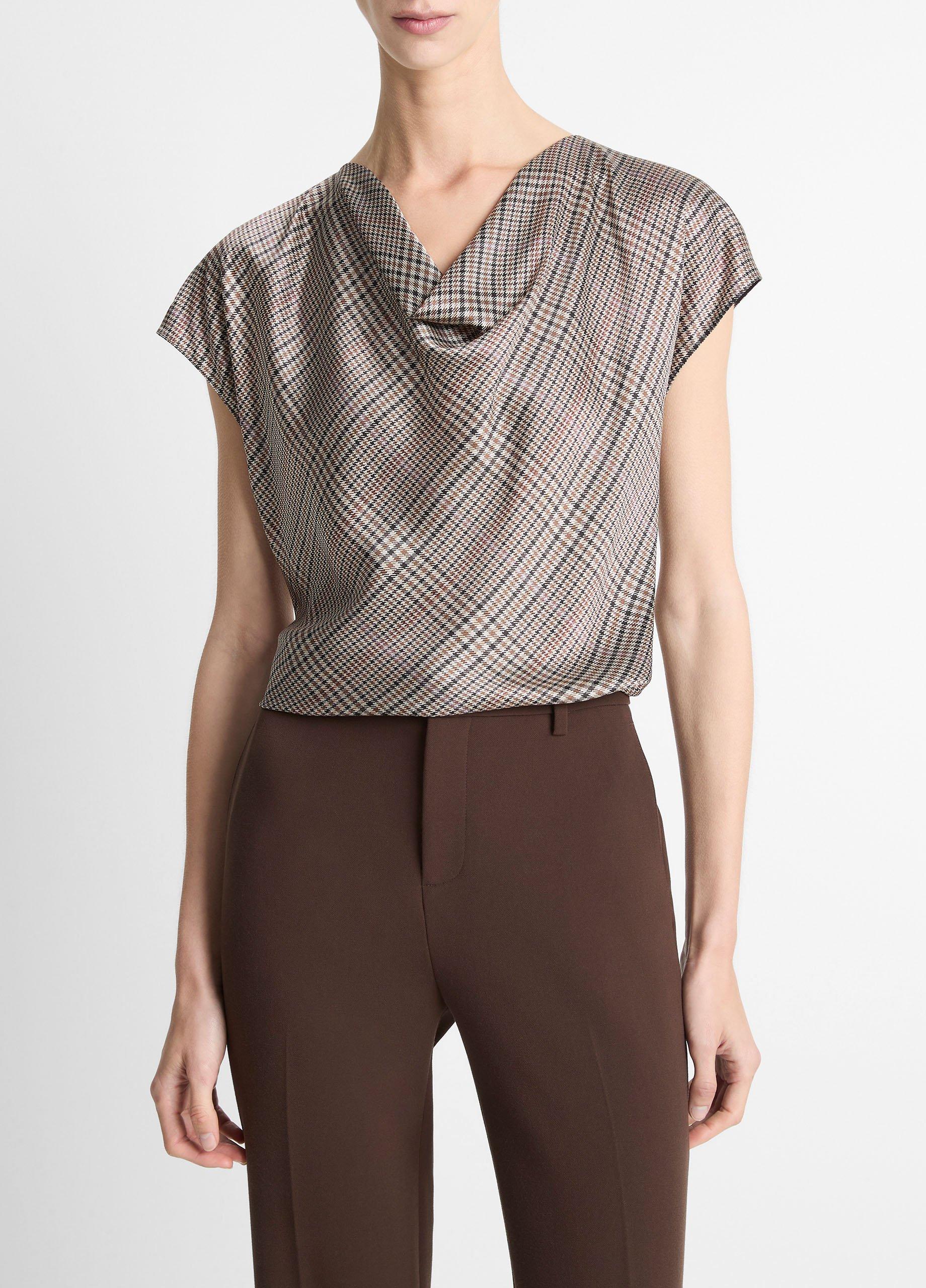 Pressed Plaid Silk Cowl-Neck Blouse image number 0