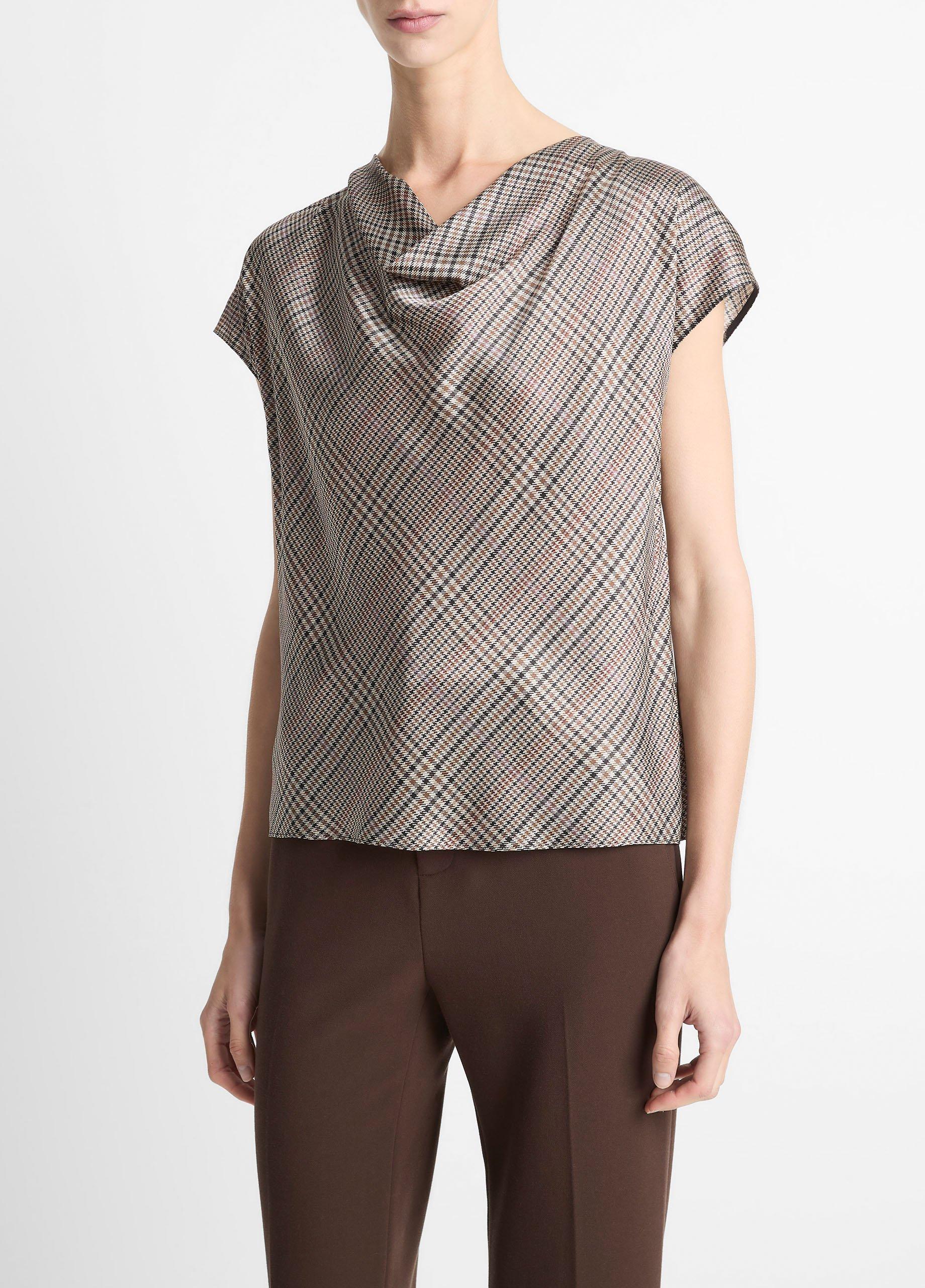 Pressed Plaid Silk Cowl-Neck Blouse image number 1