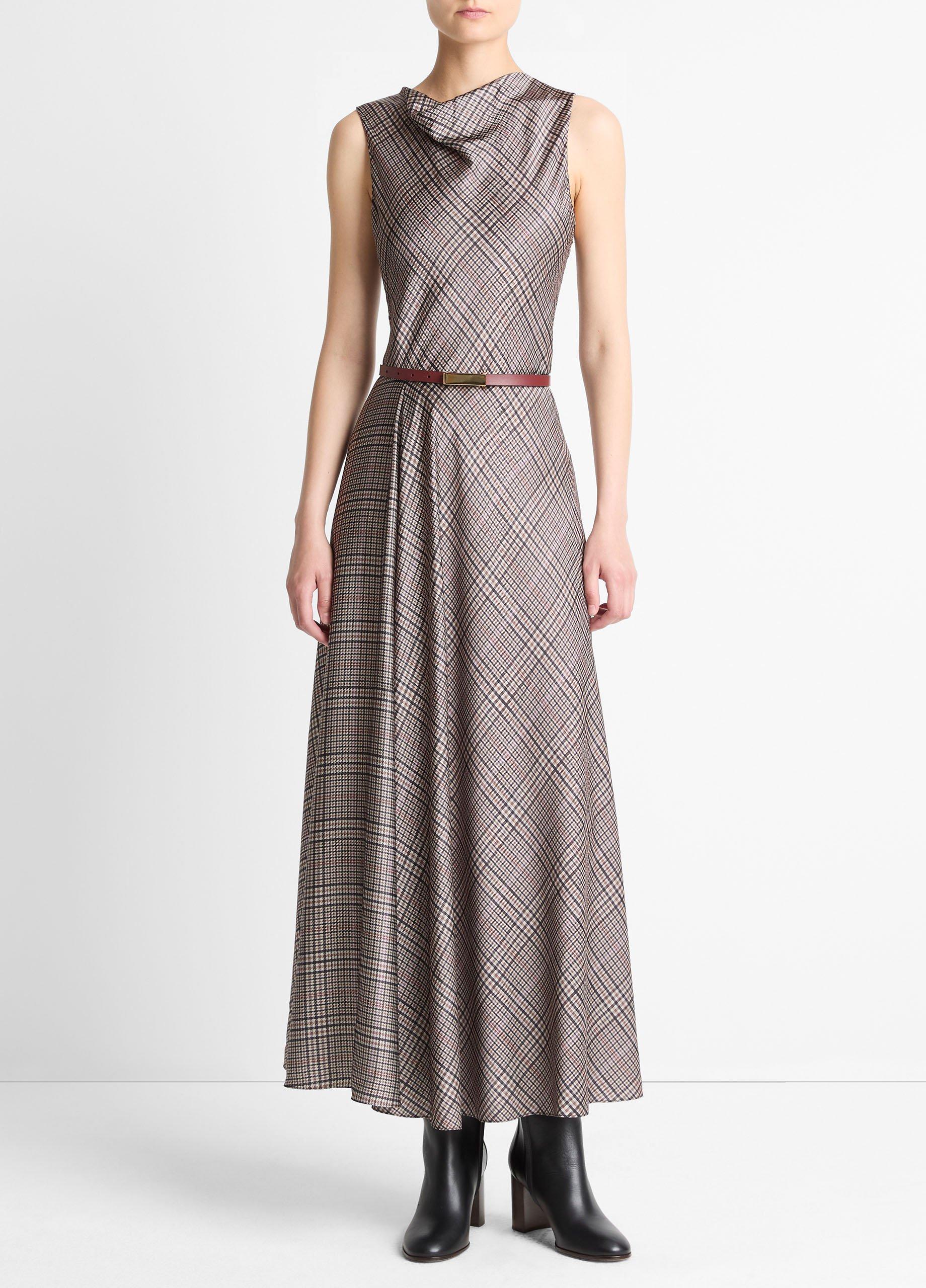 Pressed Plaid Satin Cowl-Neck Dress image number 0