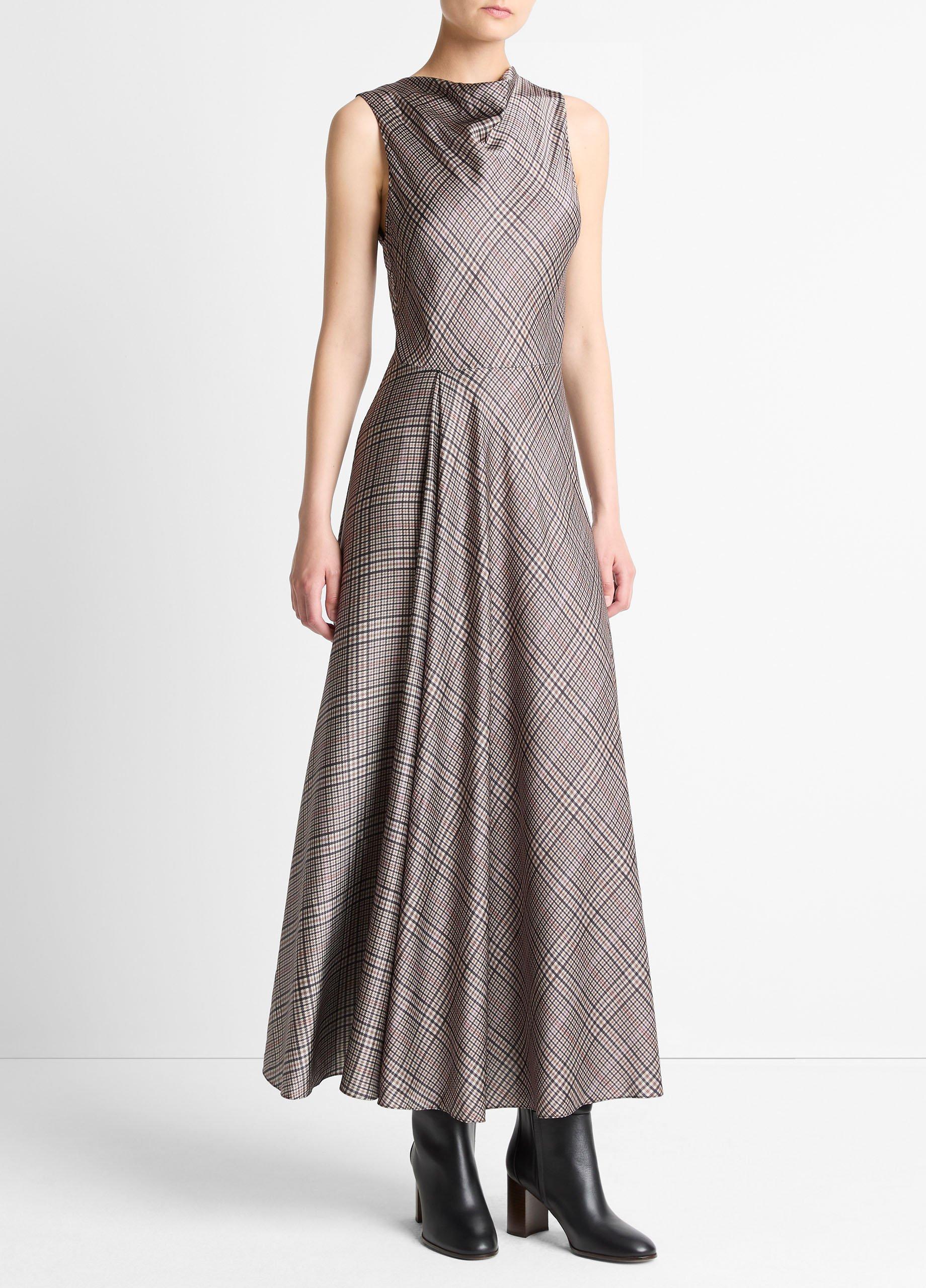 Pressed Plaid Satin Cowl-Neck Dress image number 1