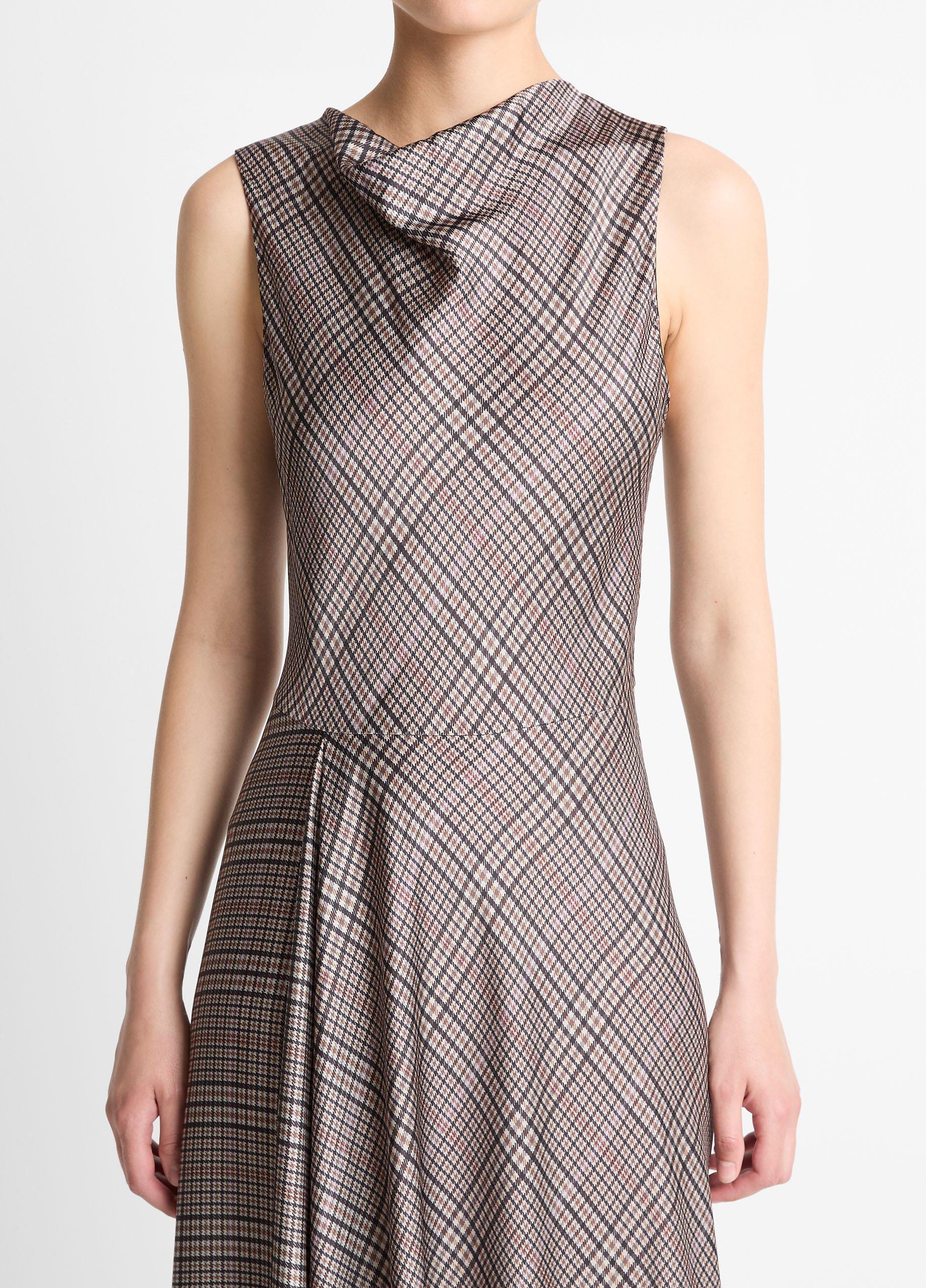 Pressed Plaid Satin Cowl-Neck Dress image number 3
