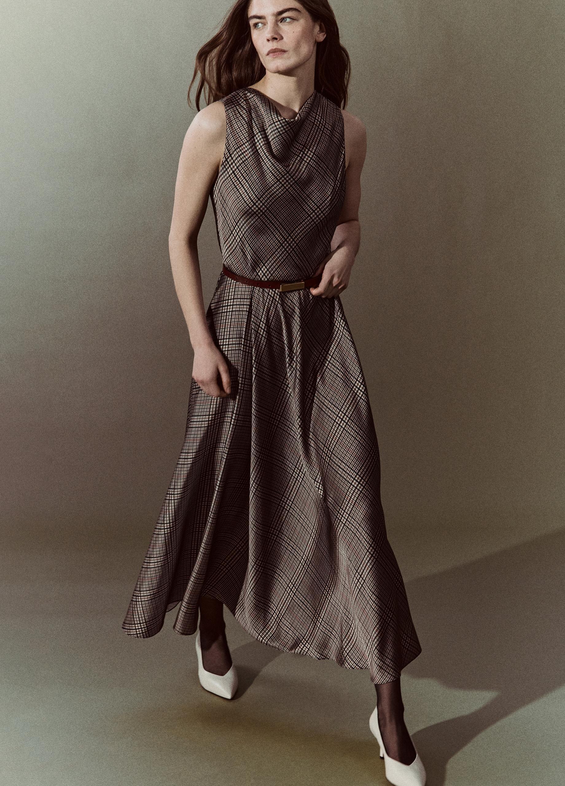 Pressed Plaid Satin Cowl-Neck Dress image number 4