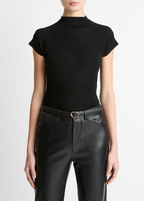 Wool Raglan Cap-Sleeve Mock-Neck Top