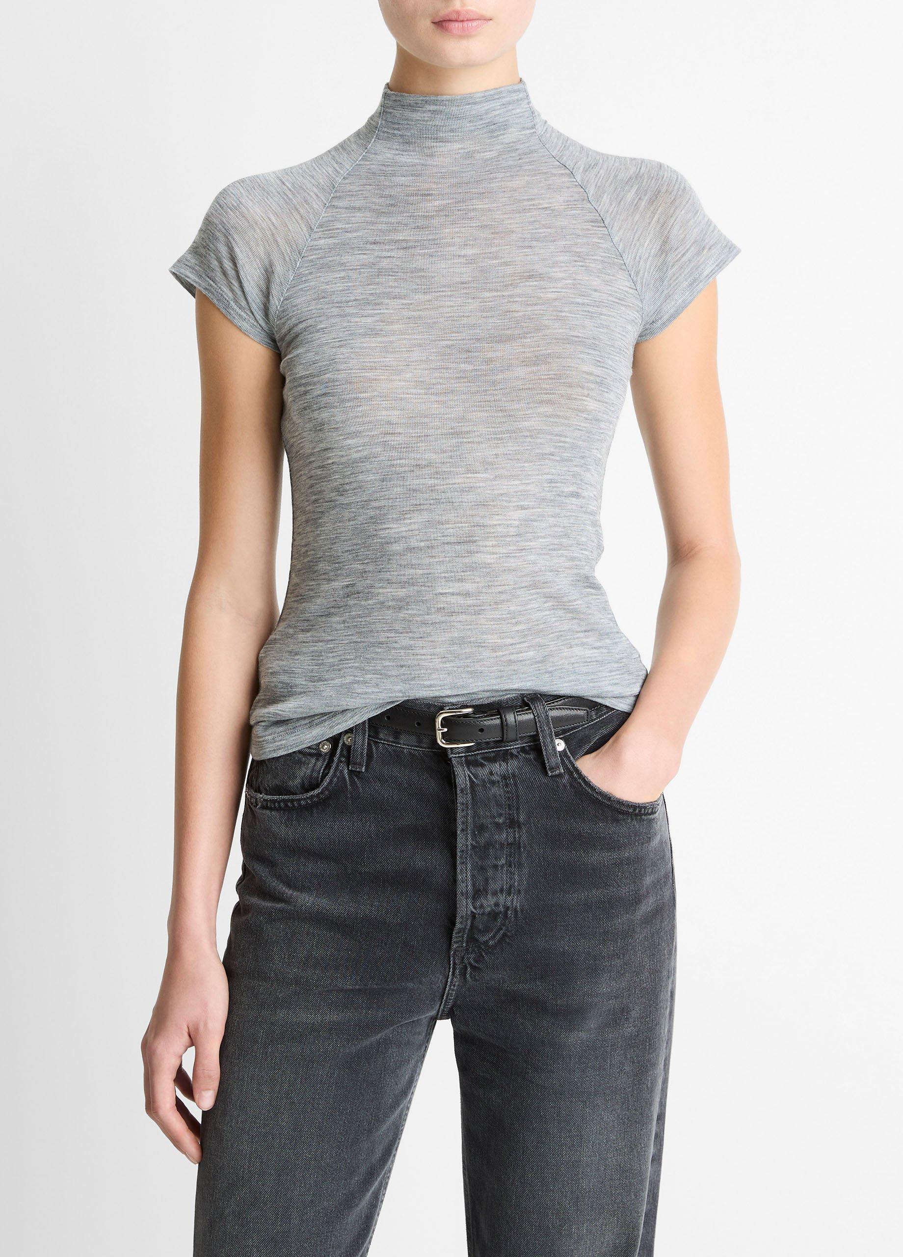 Wool Raglan Cap-Sleeve Mock-Neck Top