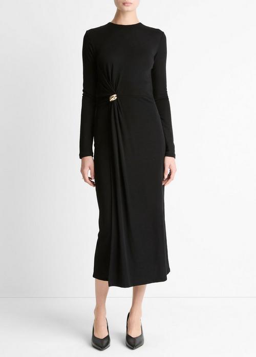 Cinched-Waist Wool-Blend Long-Sleeve Dress