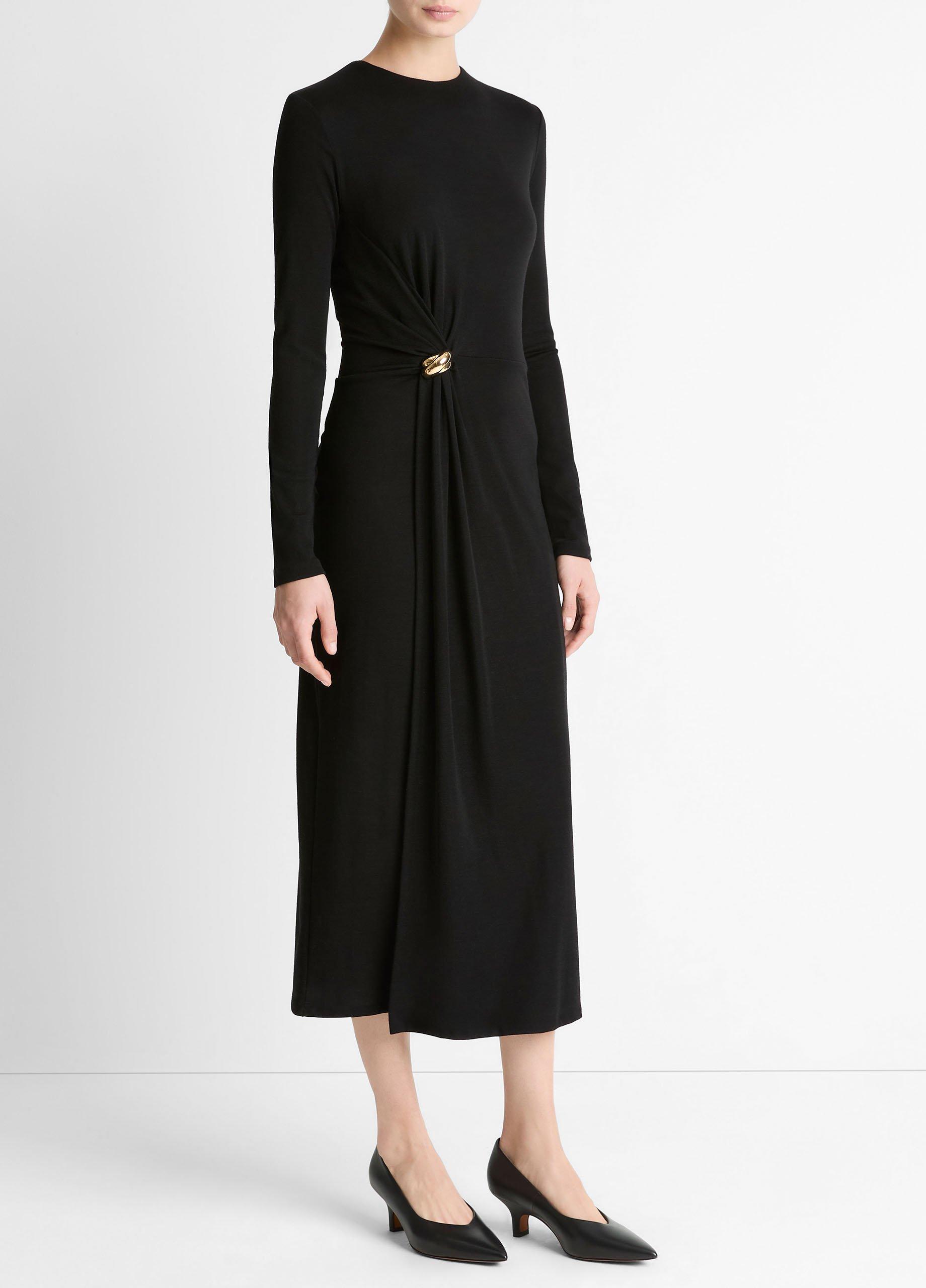 Cinched-Waist Wool-Blend Long-Sleeve Dress image number 1