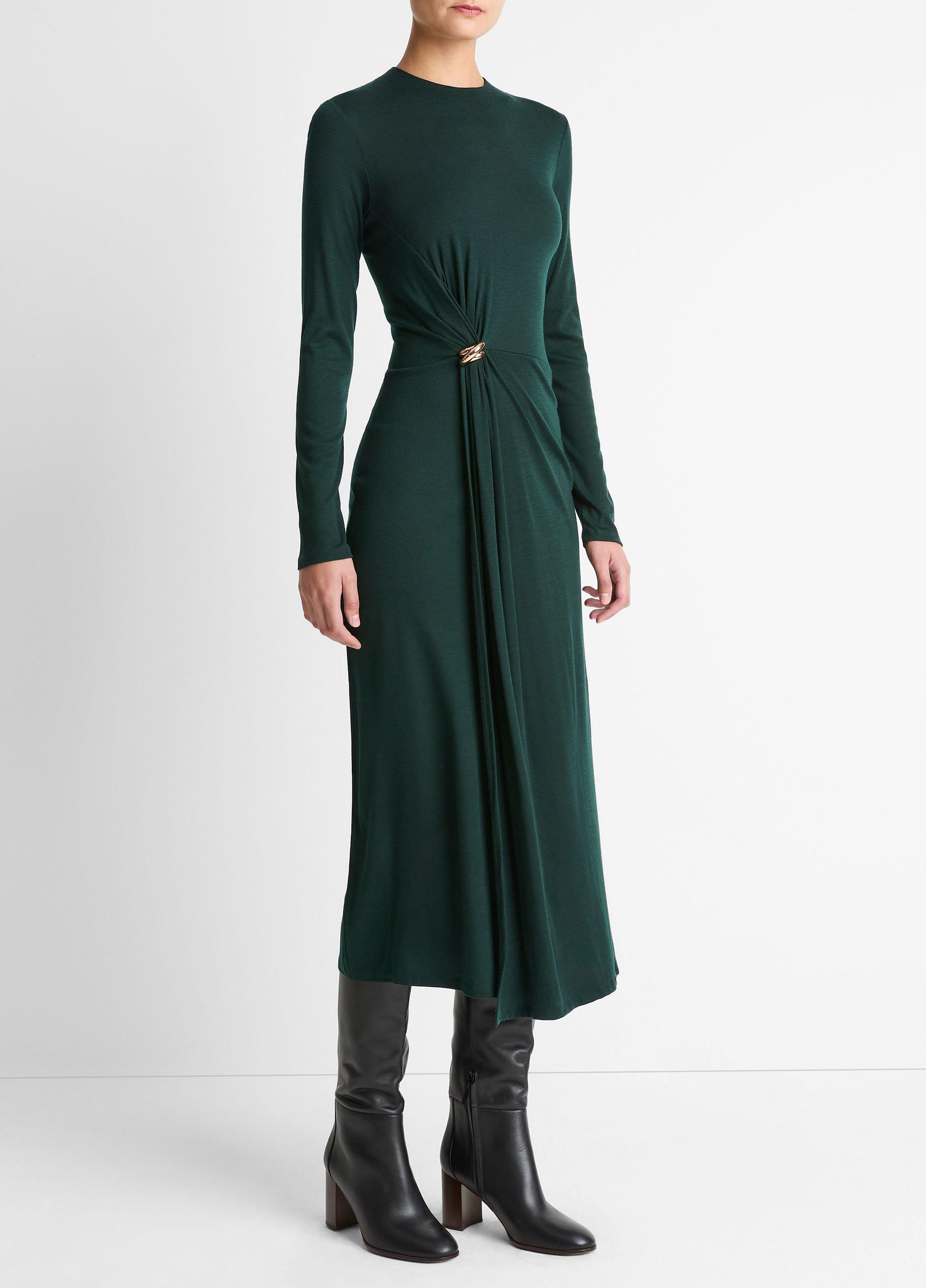 Cinched-Waist Wool-Blend Long-Sleeve Dress image number 1