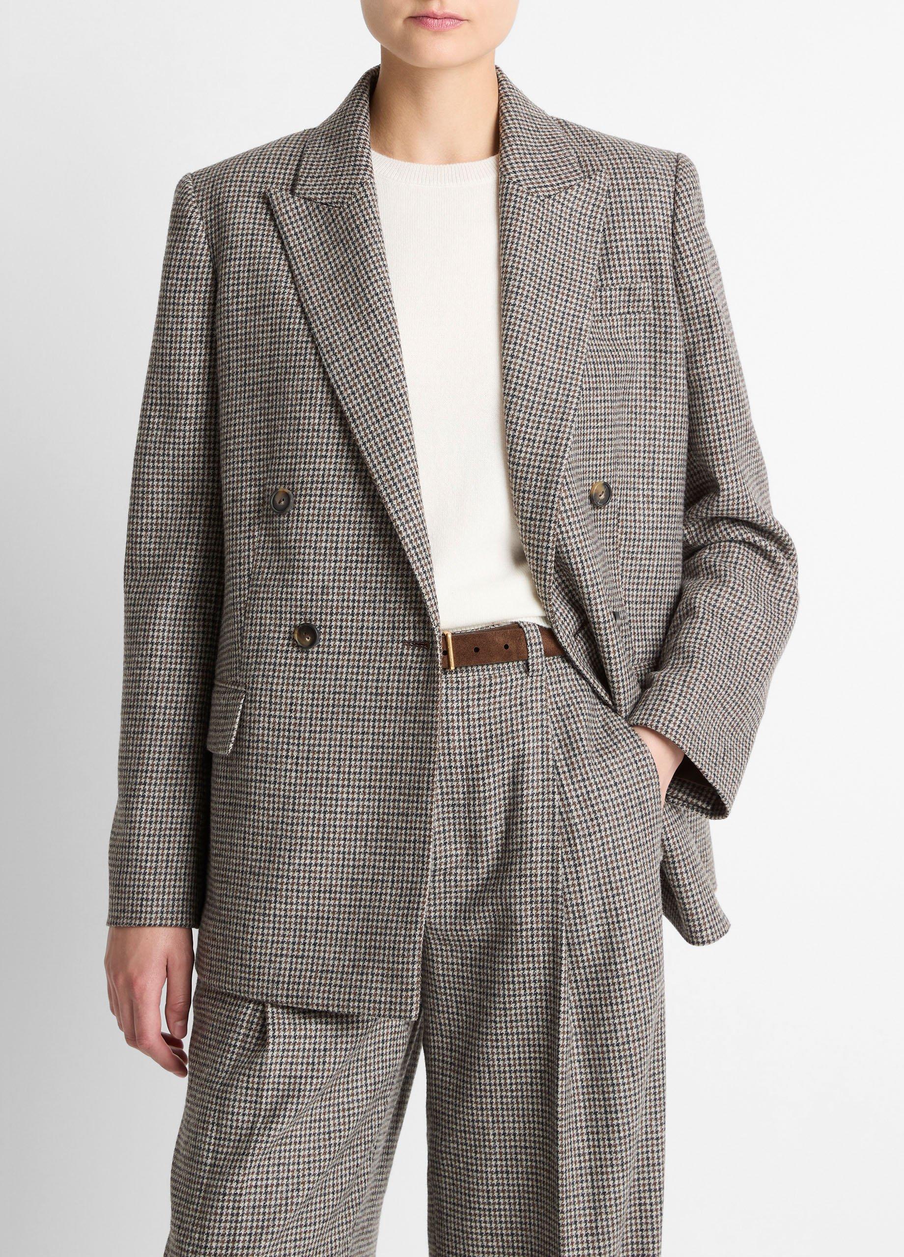 Women's Plaid Wool-Blend Double-Breasted Blazer, Cacao Houndstooth, Size 12 Vince