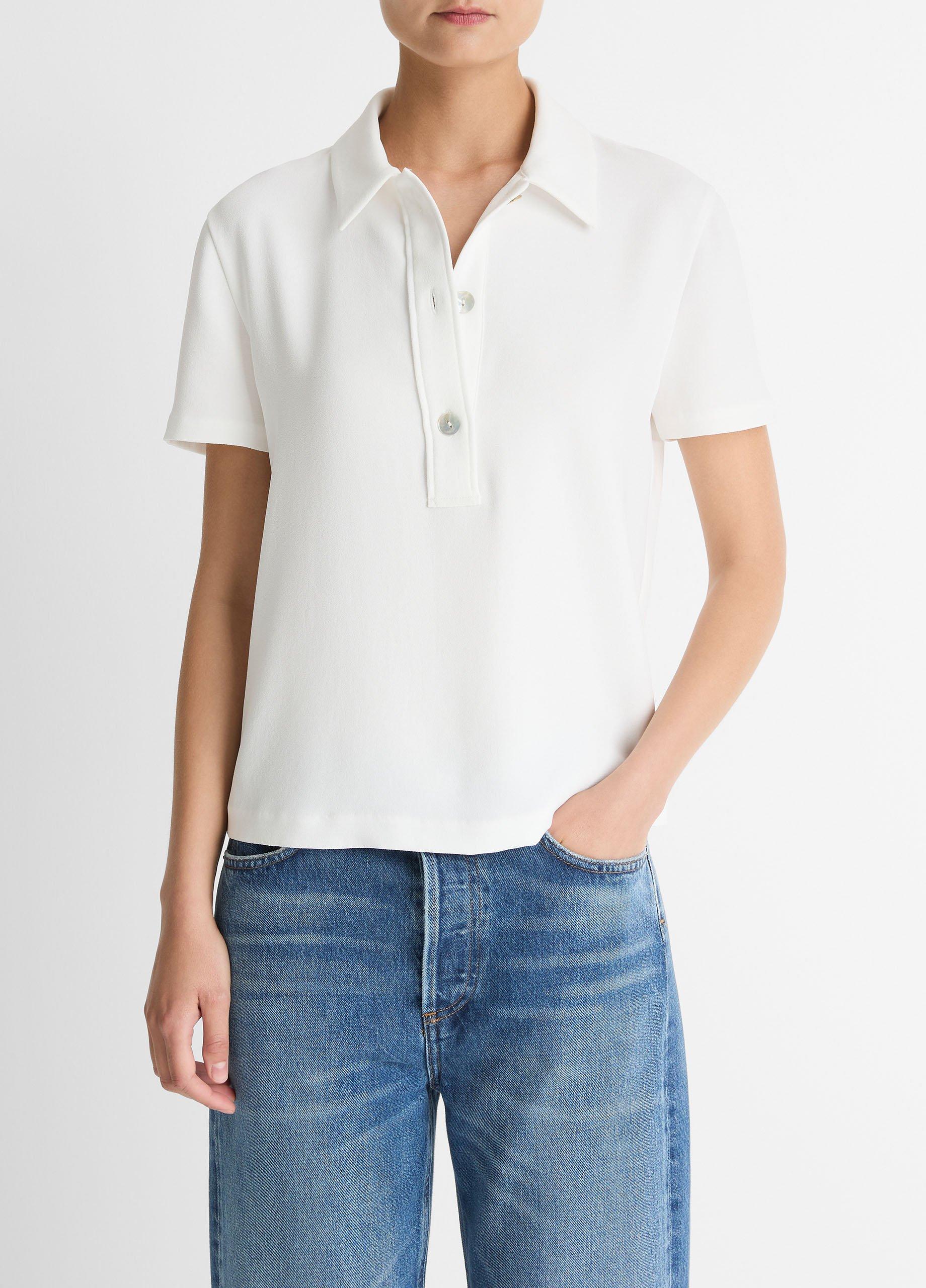 (取寄) ヴィンス レディース ショート スリーブ ポロ Vince women Short Sleeve Polo Off-White Crepe Polo Shirt in Short Sleeve | Vince