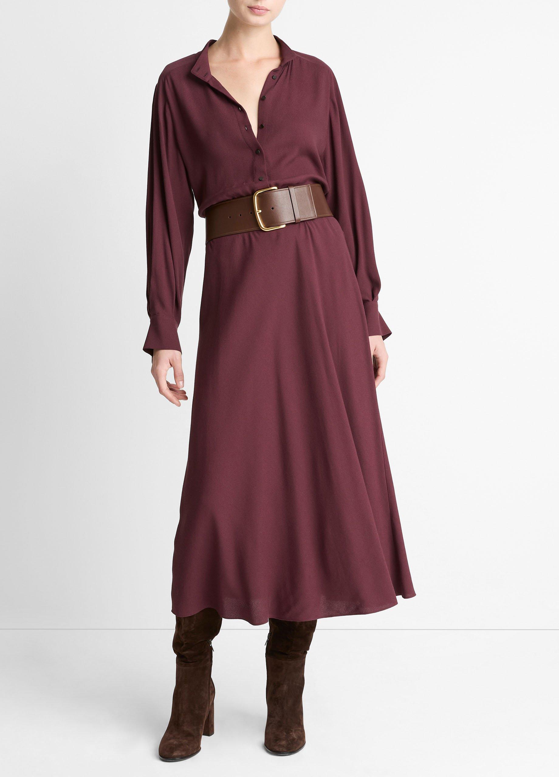 burgundy shirt dress Short T-Shirt shirt dress in soft cotton jersey with a visible seam down the front and back Women's Crepe Collar-stand Shirt Dress,