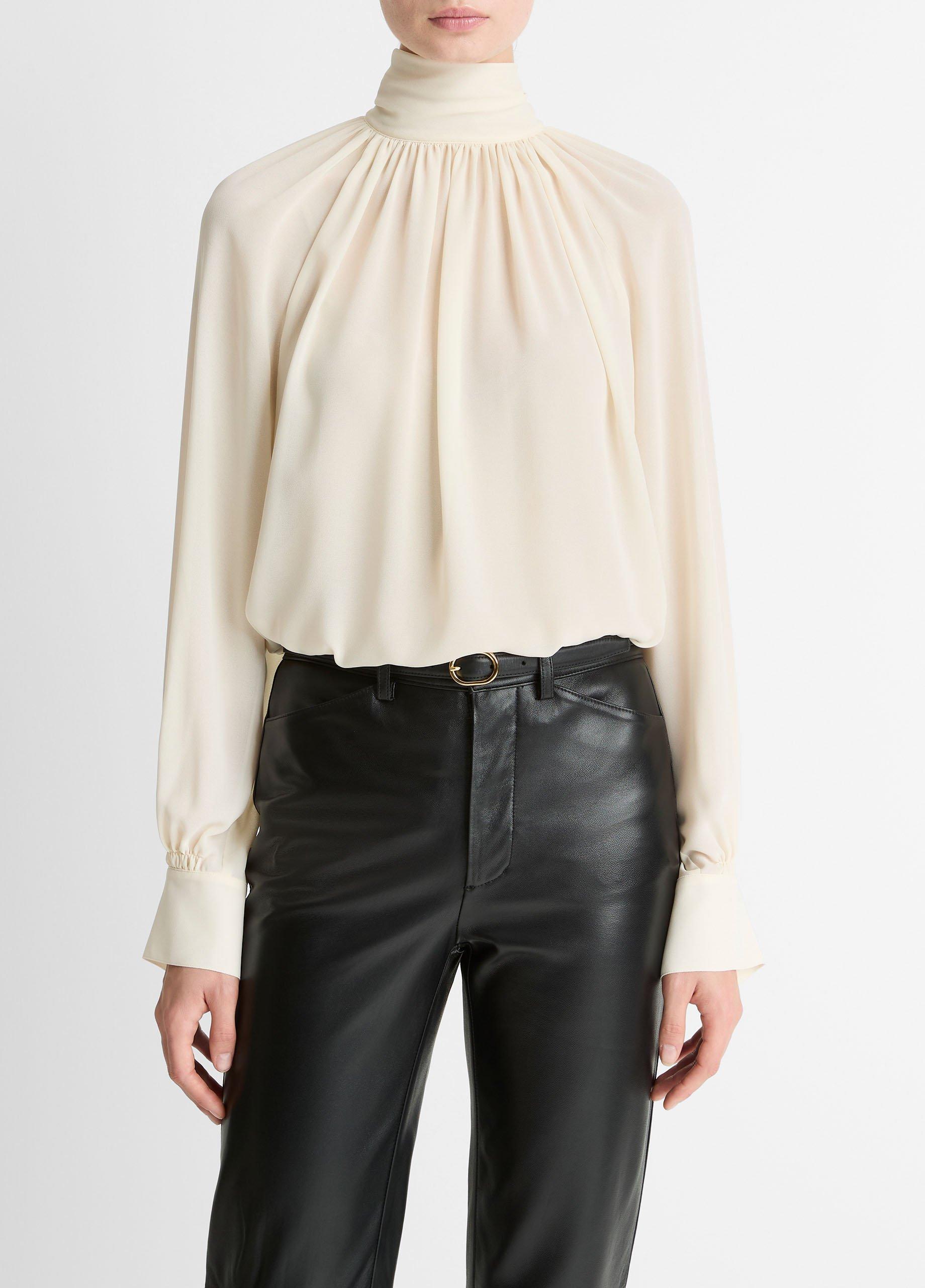Gathered Draped-Neck Crepe Blouse in Long Sleeve | Vince