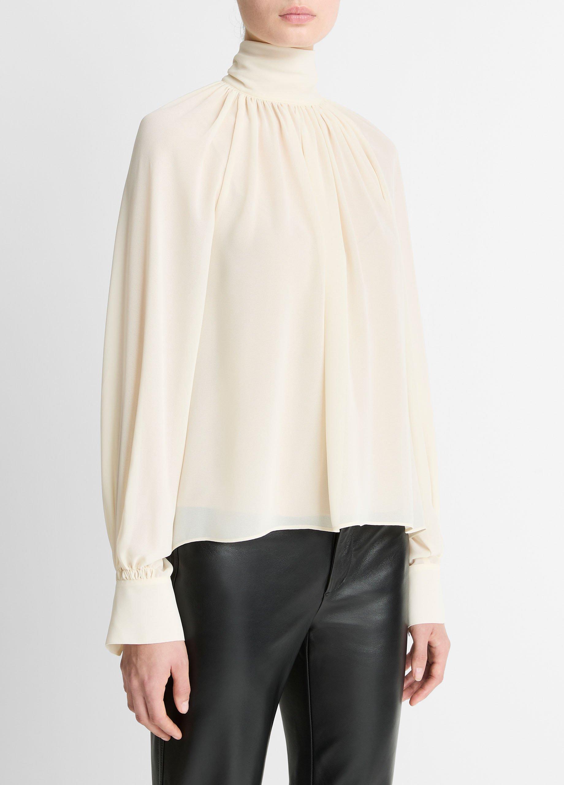 Gathered Draped-Neck Crepe Blouse in Long Sleeve | Vince