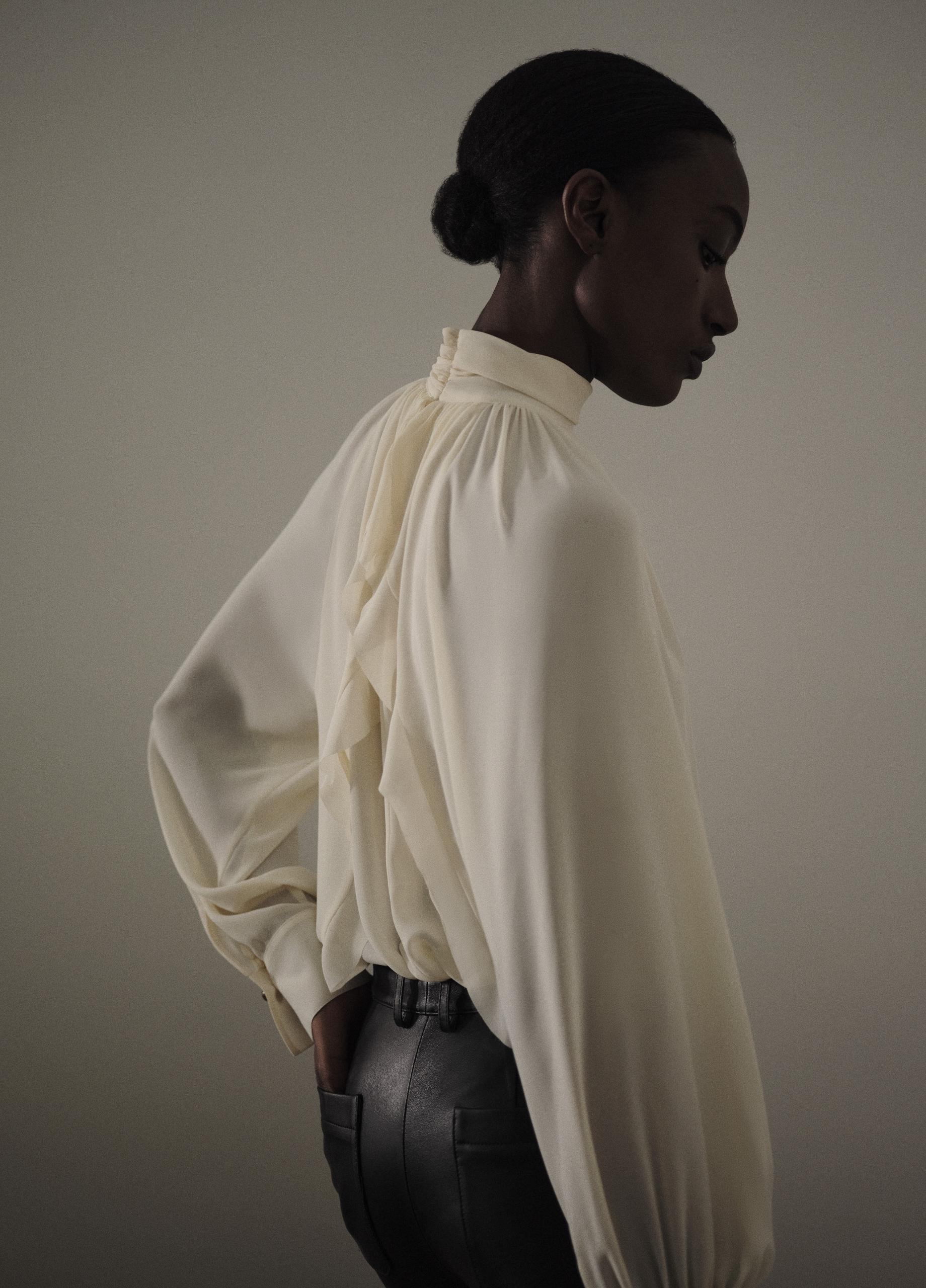 Gathered Draped-Neck Crepe Blouse image number 5