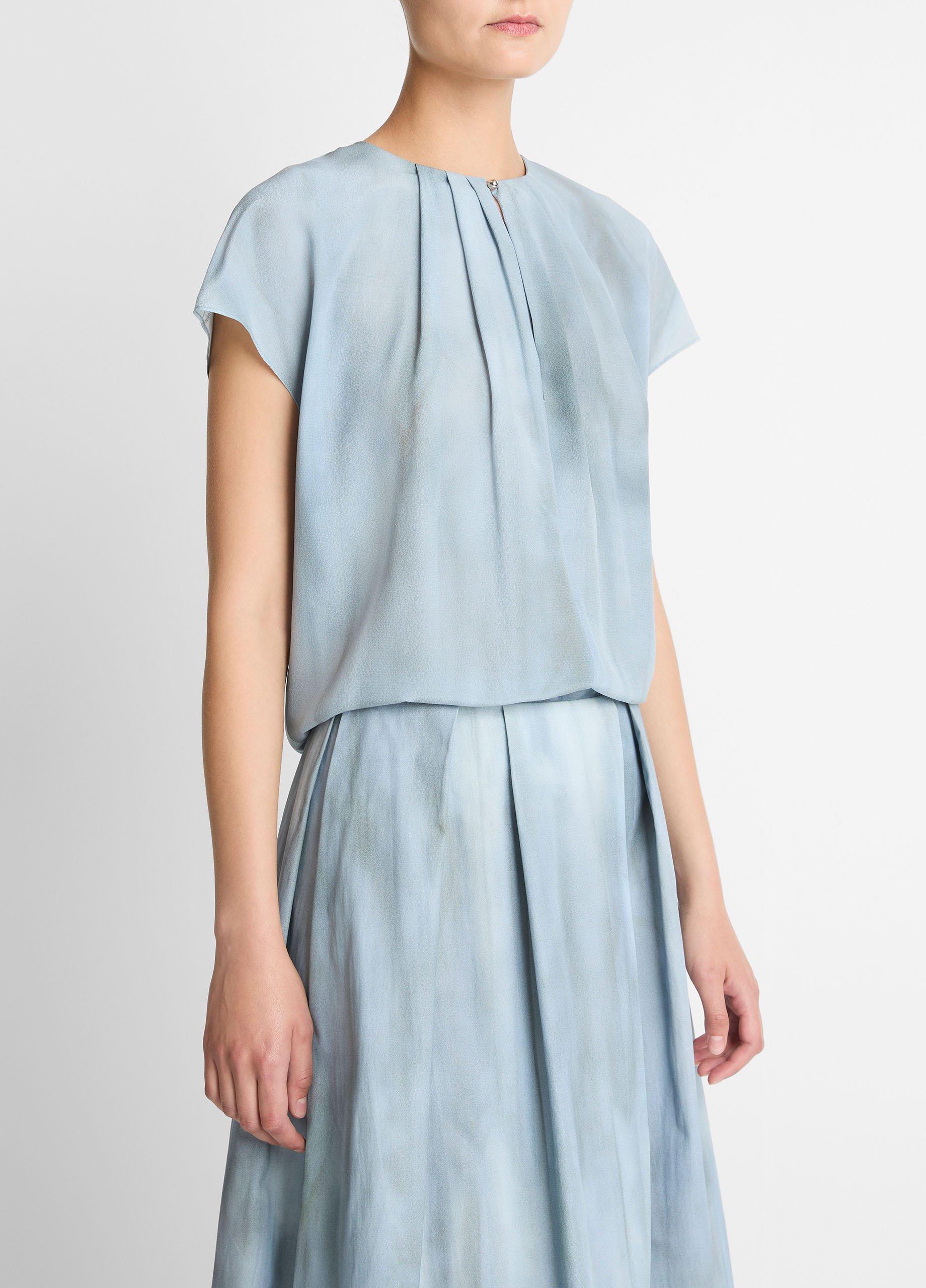 Washed Ombr&eacute; Silk Gathered Cap-Sleeve Blouse image number 1