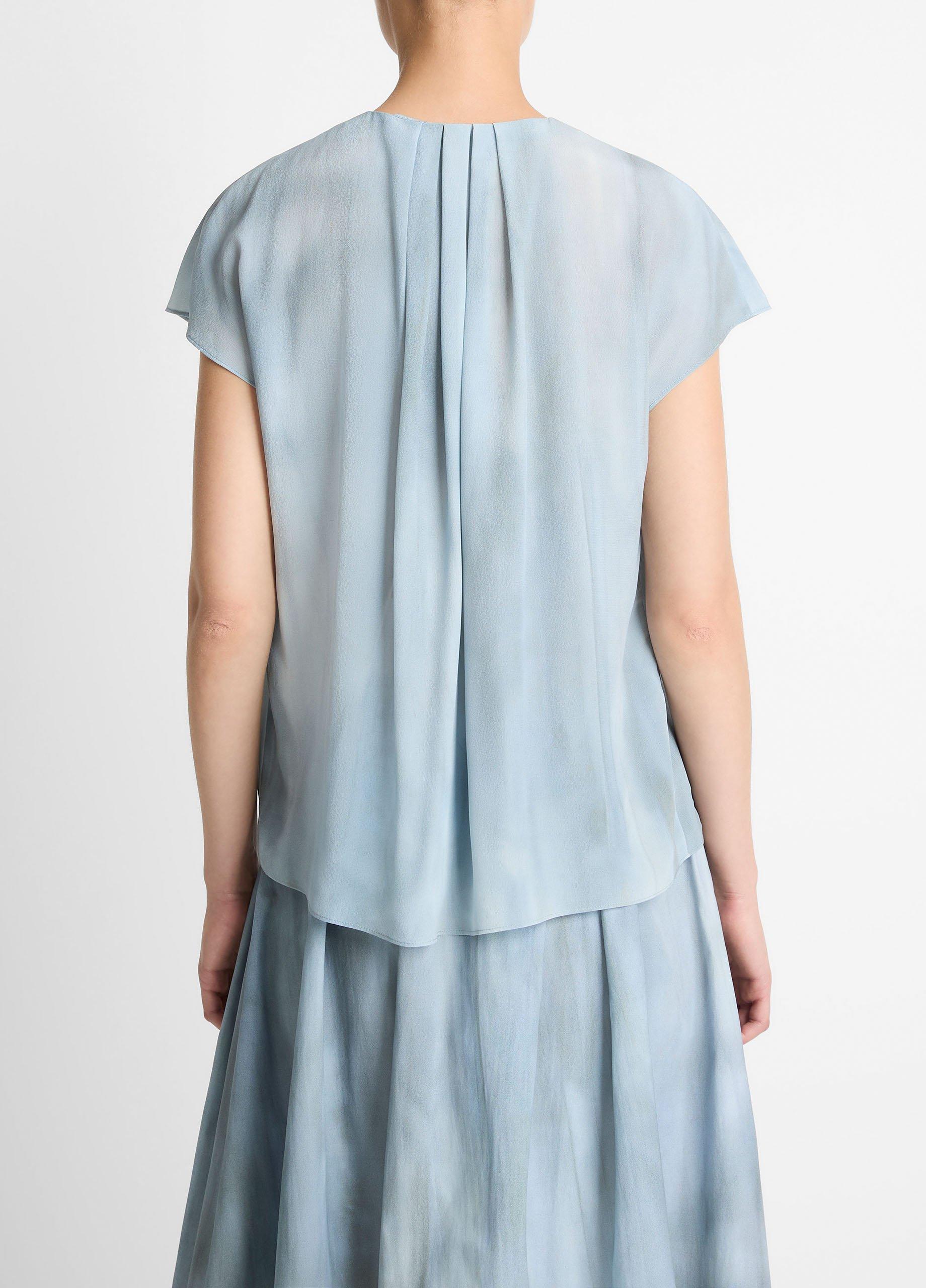 Washed Ombr&eacute; Silk Gathered Cap-Sleeve Blouse image number 2