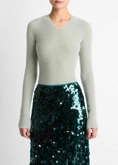 Metallic Ribbed High V-Neck Sweater