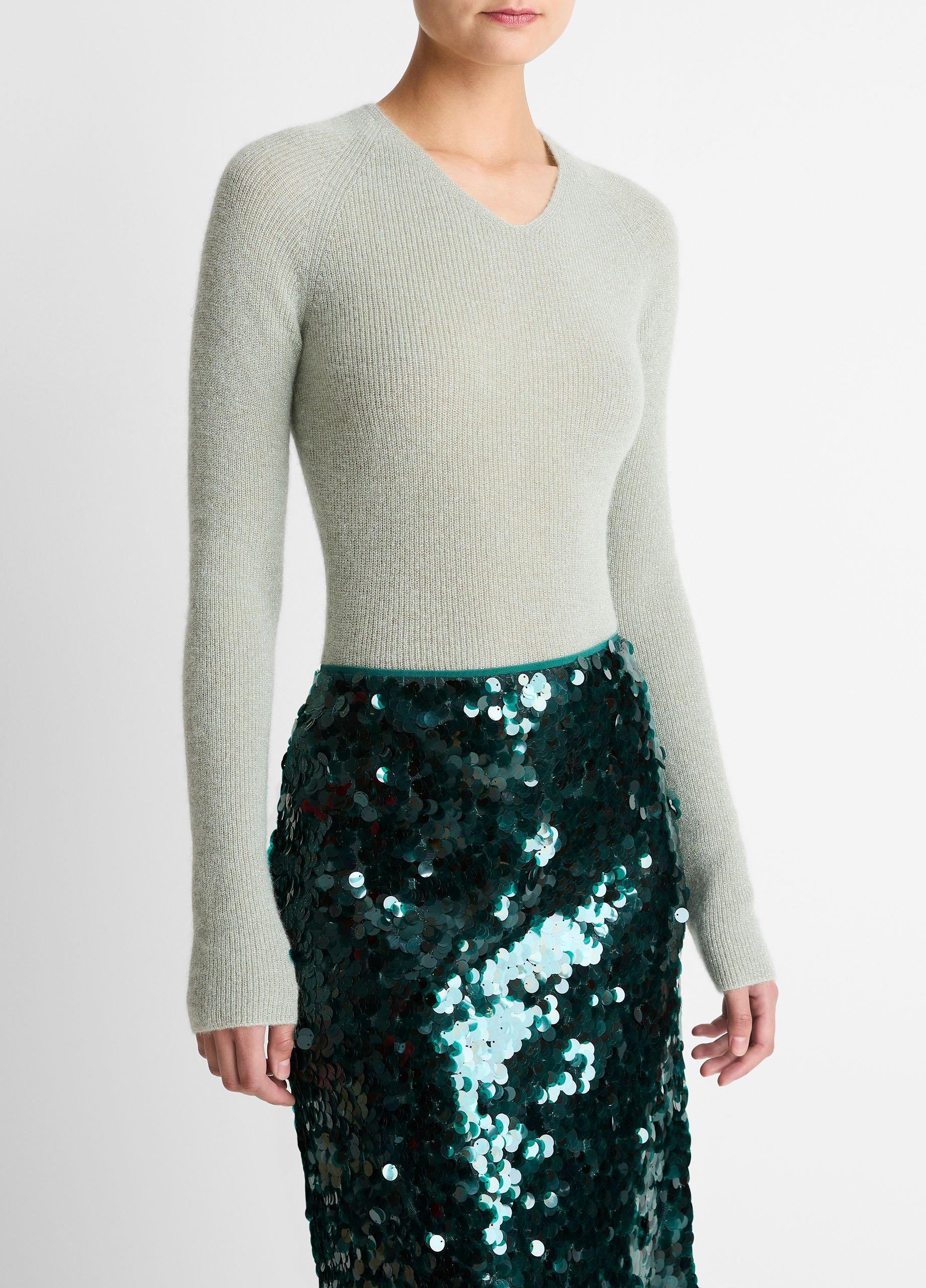 Metallic Ribbed High V-Neck Sweater image number 1