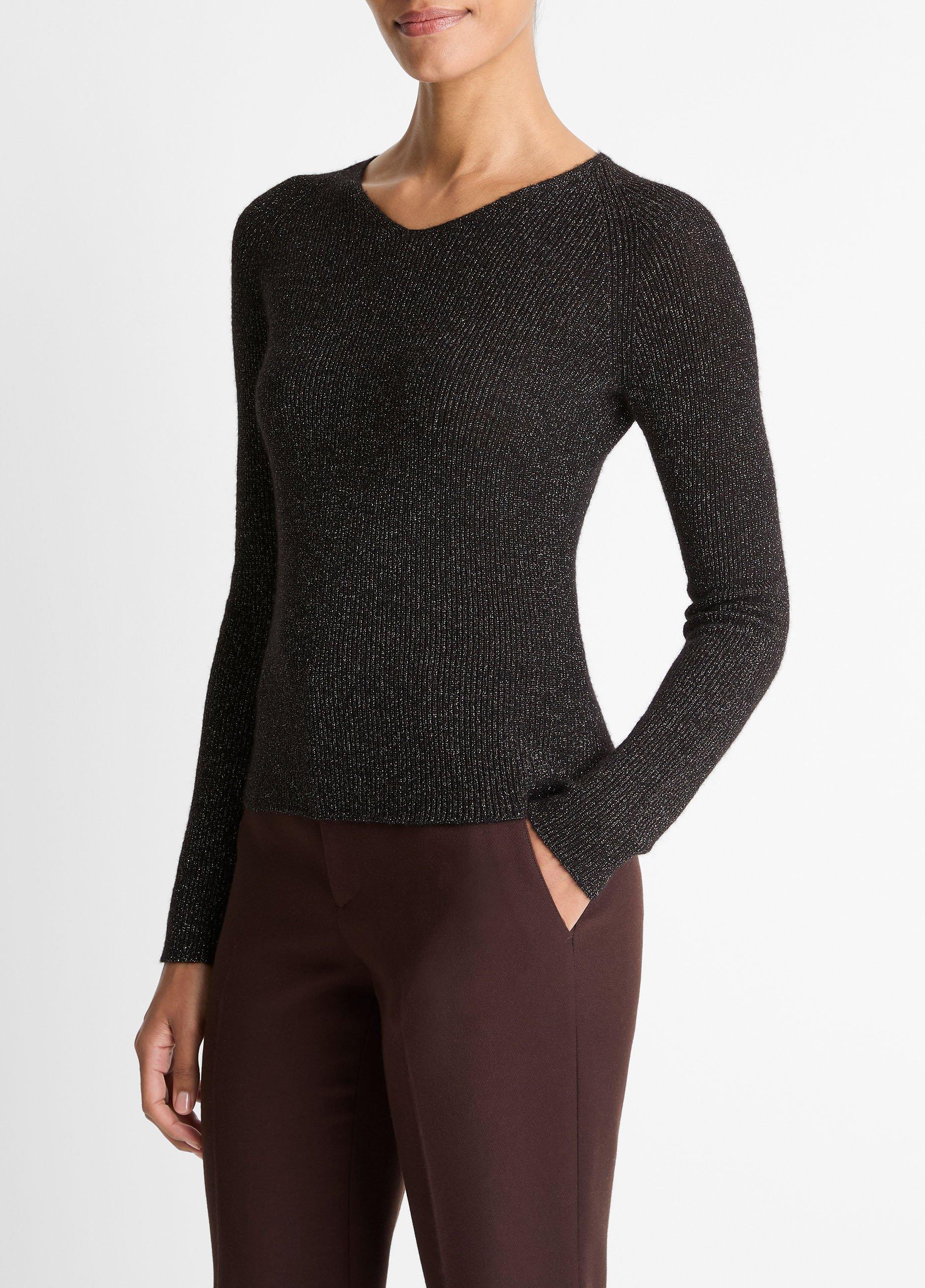 Metallic Ribbed High V-Neck Sweater image number 1