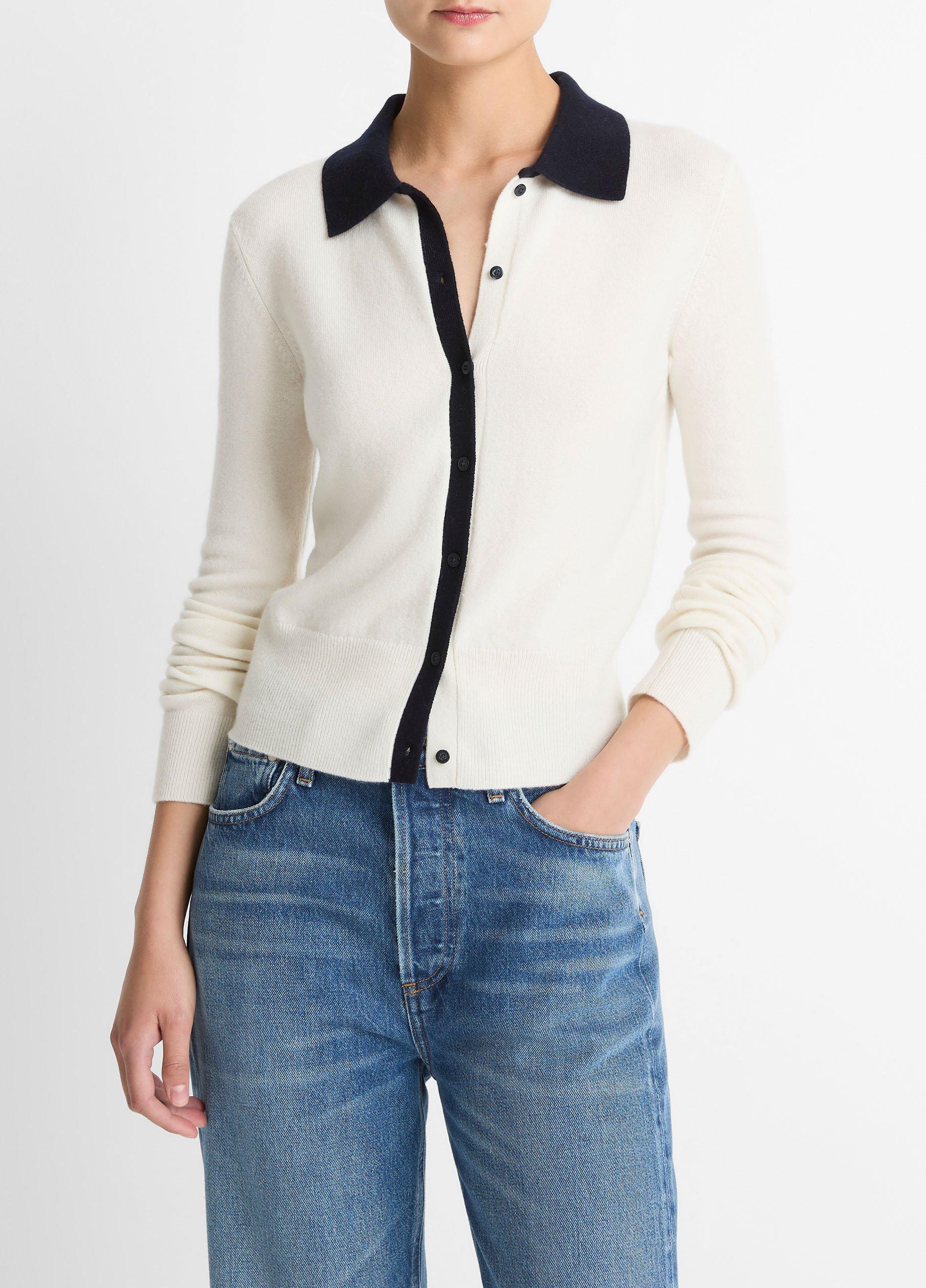 Contrast-Trim Wool & Cashmere-Blend Collared Cardigan