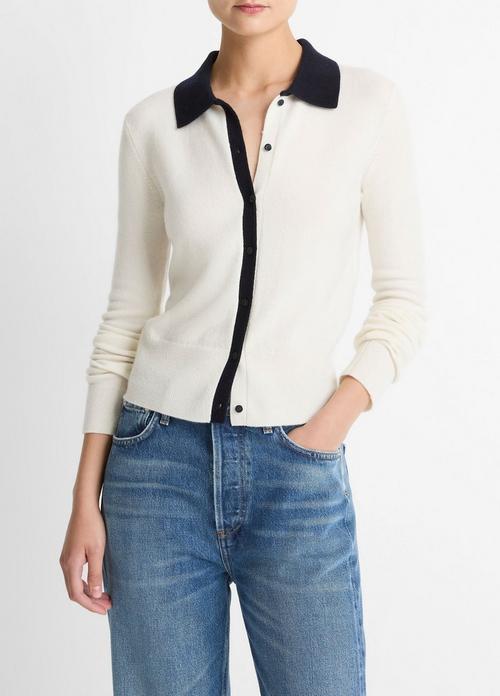 Contrast-Trim Wool & Cashmere-Blend Collared Cardigan