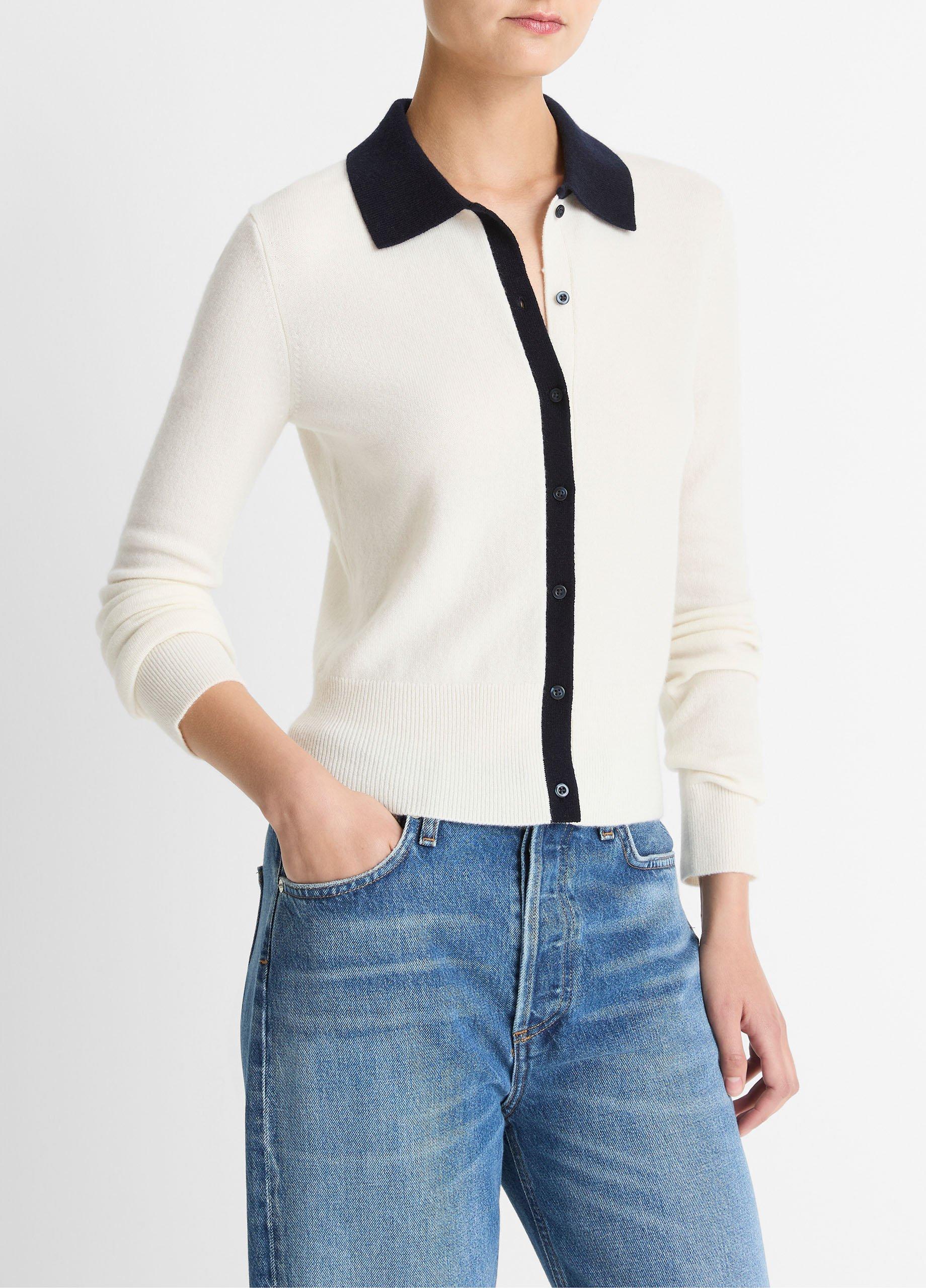 Contrast-Trim Wool & Cashmere-Blend Collared Cardigan image number 1