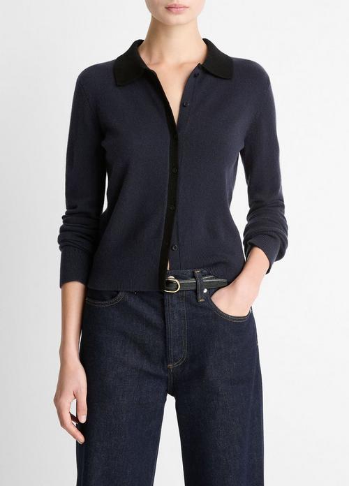 Contrast-Trim Wool & Cashmere-Blend Collared Cardigan