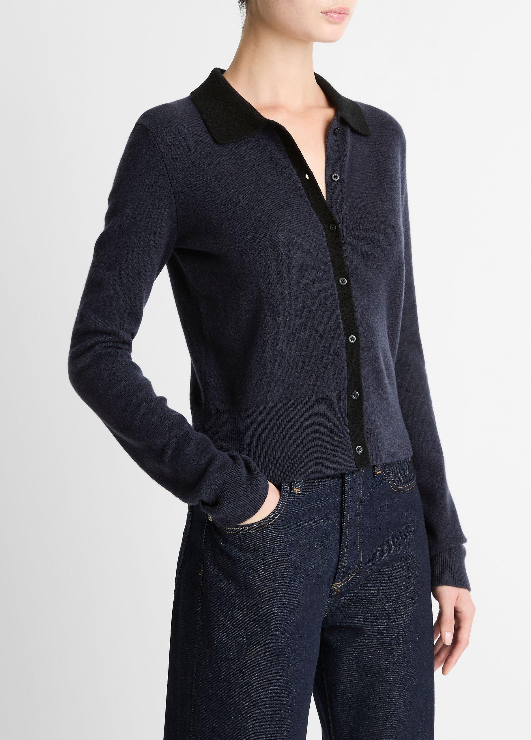 Contrast-Trim Wool & Cashmere-Blend Collared Cardigan image number 1