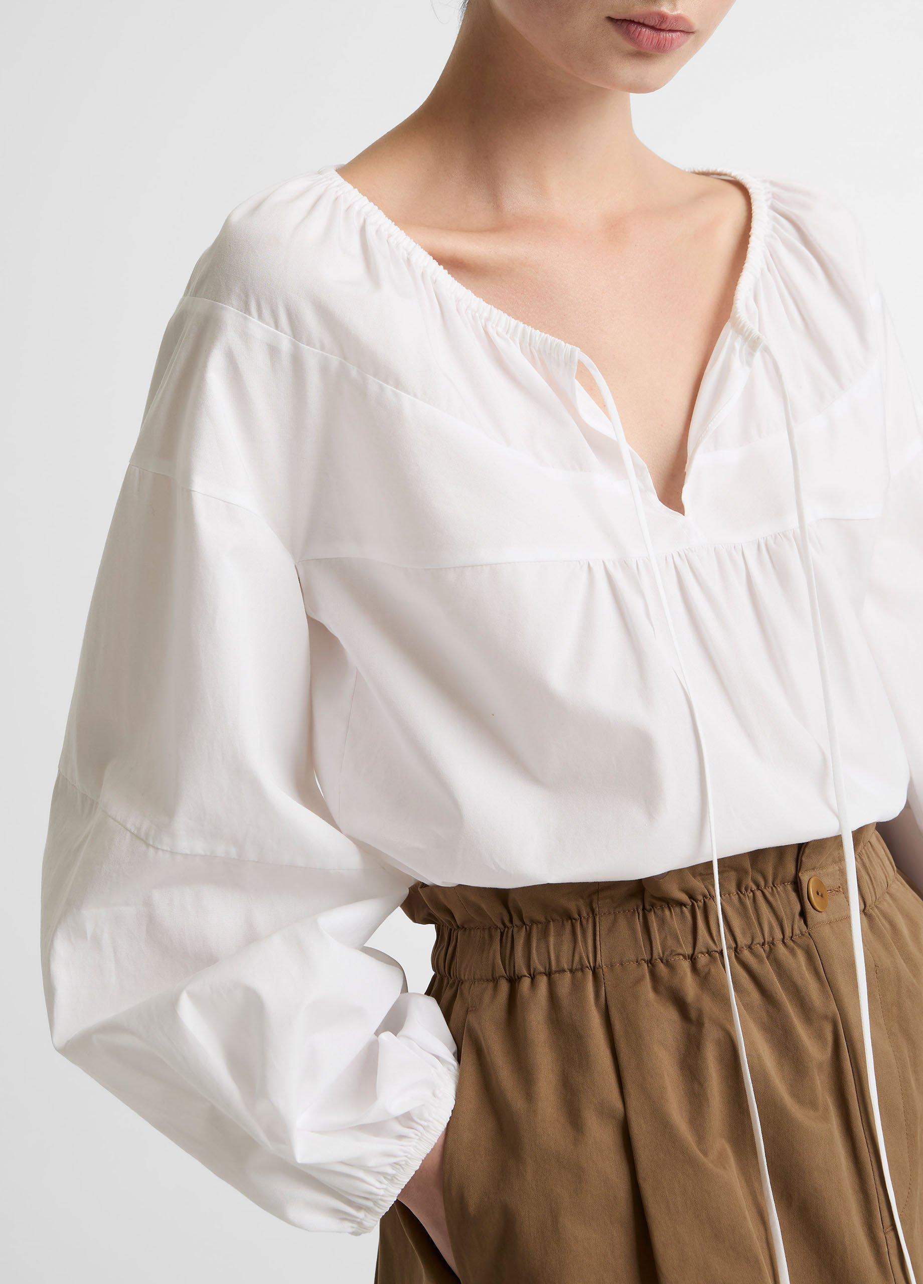 Shirred Cotton Tie-Neck Blouse image number 1