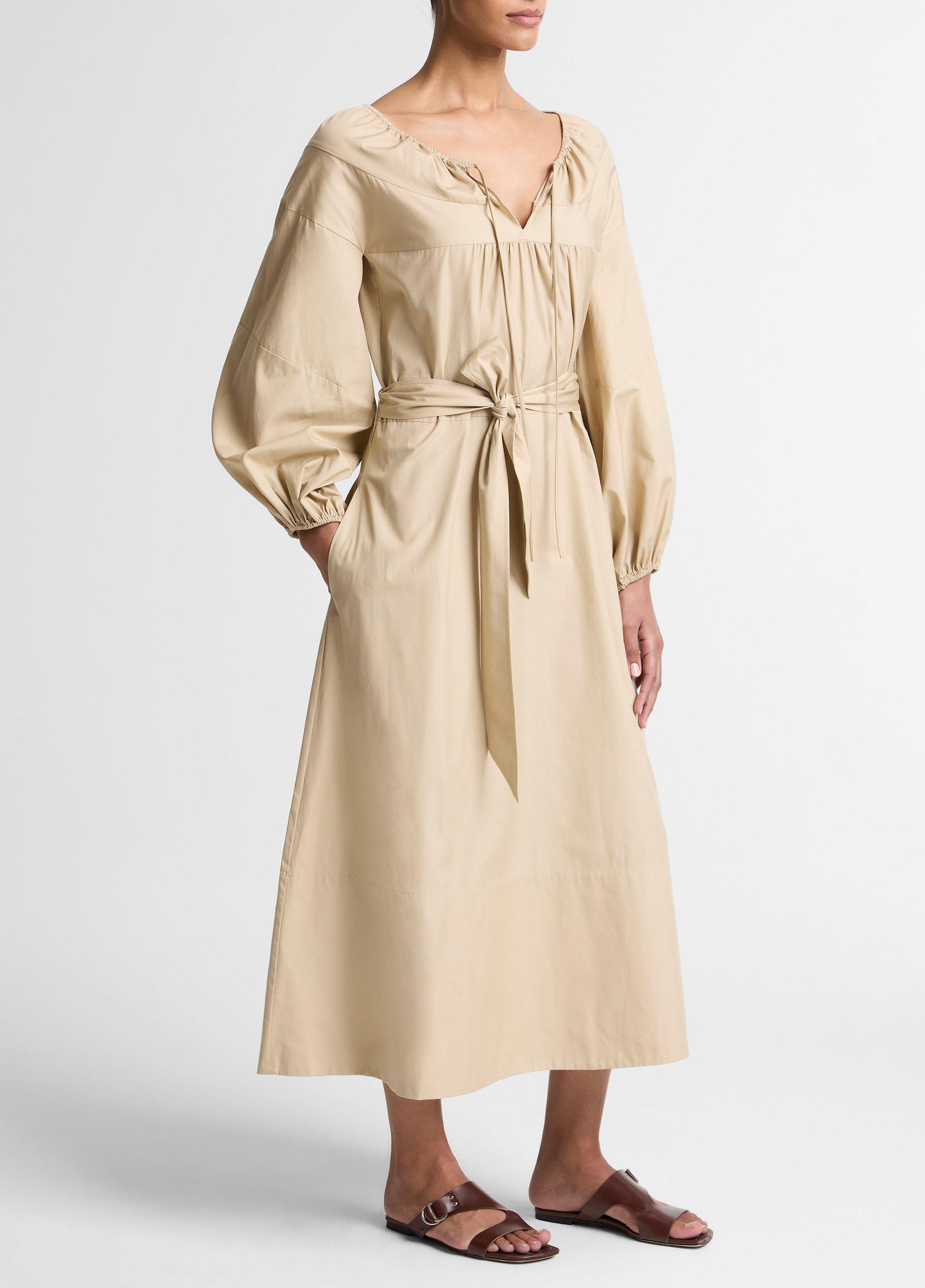 Shirred Cotton Belted Tie-Neck Dress image number 1