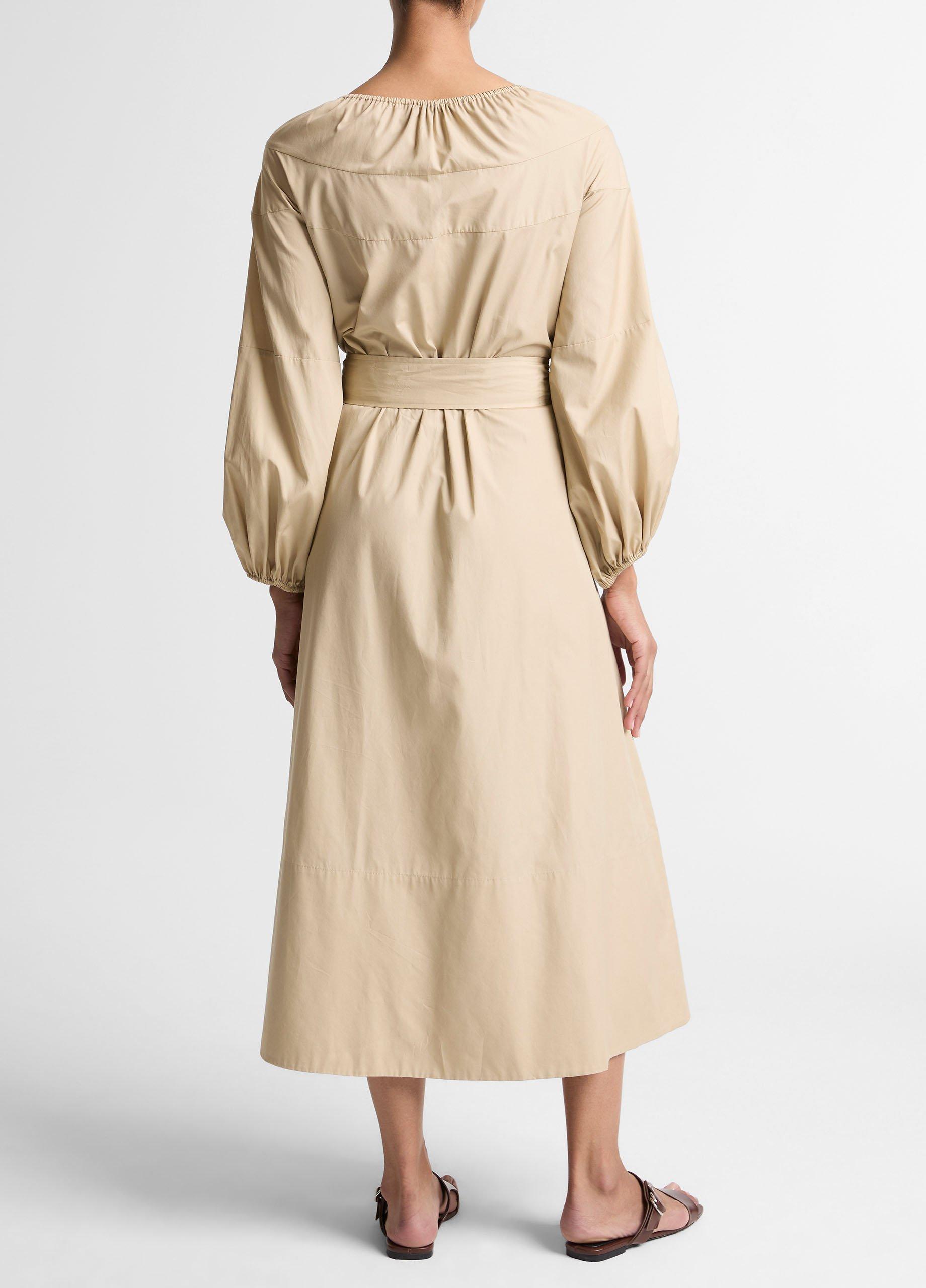 Shirred Cotton Belted Tie-Neck Dress image number 2