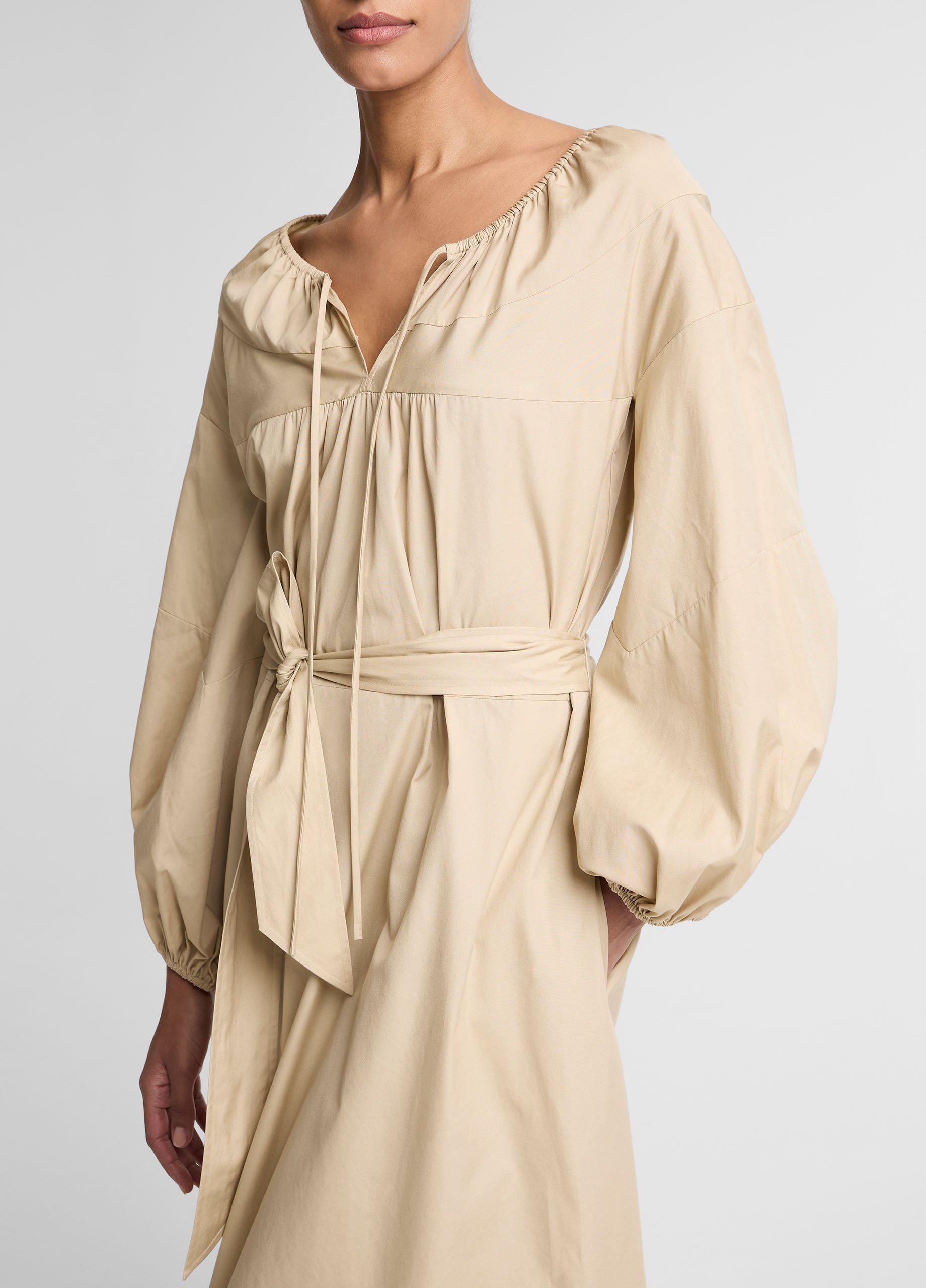 Shirred Cotton Belted Tie-Neck Dress image number 3