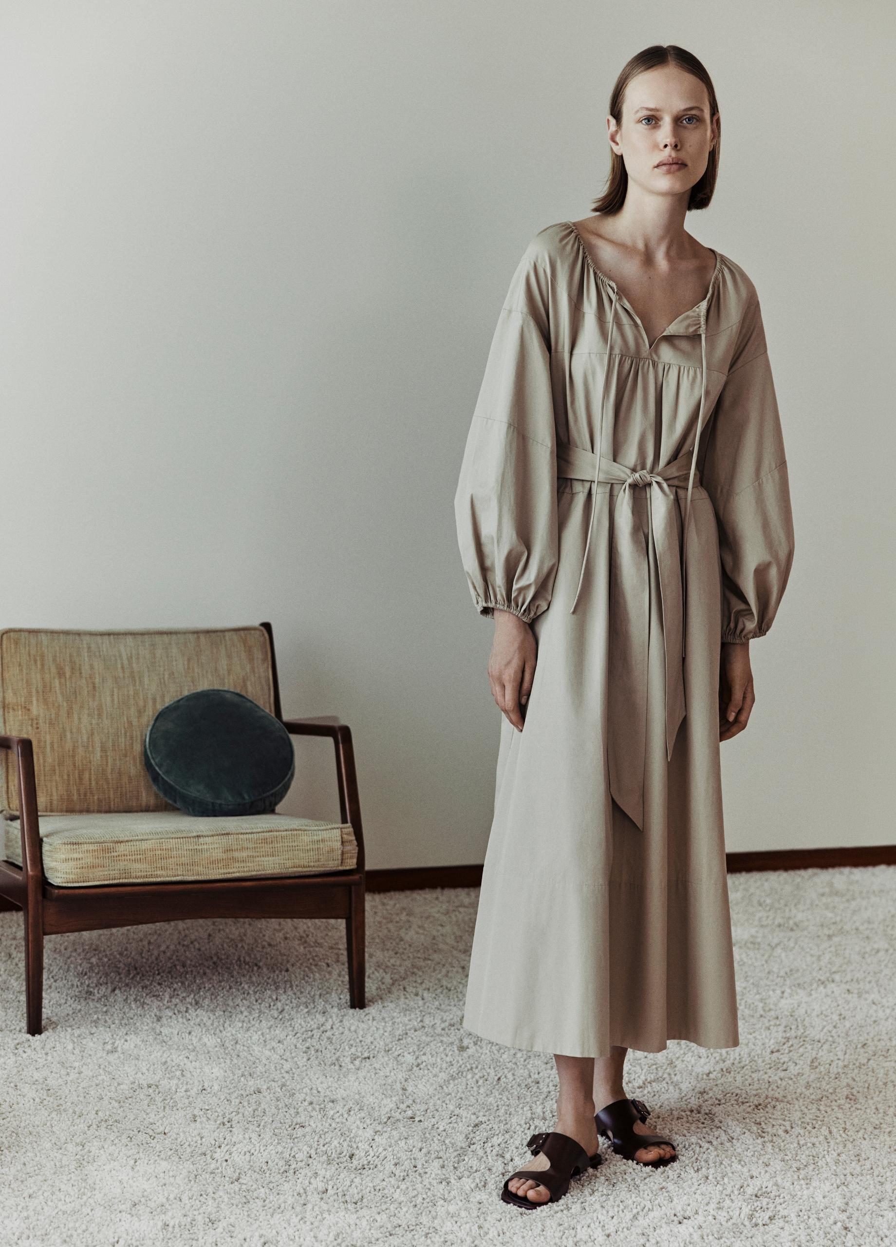 Shirred Cotton Belted Tie-Neck Dress image number 4