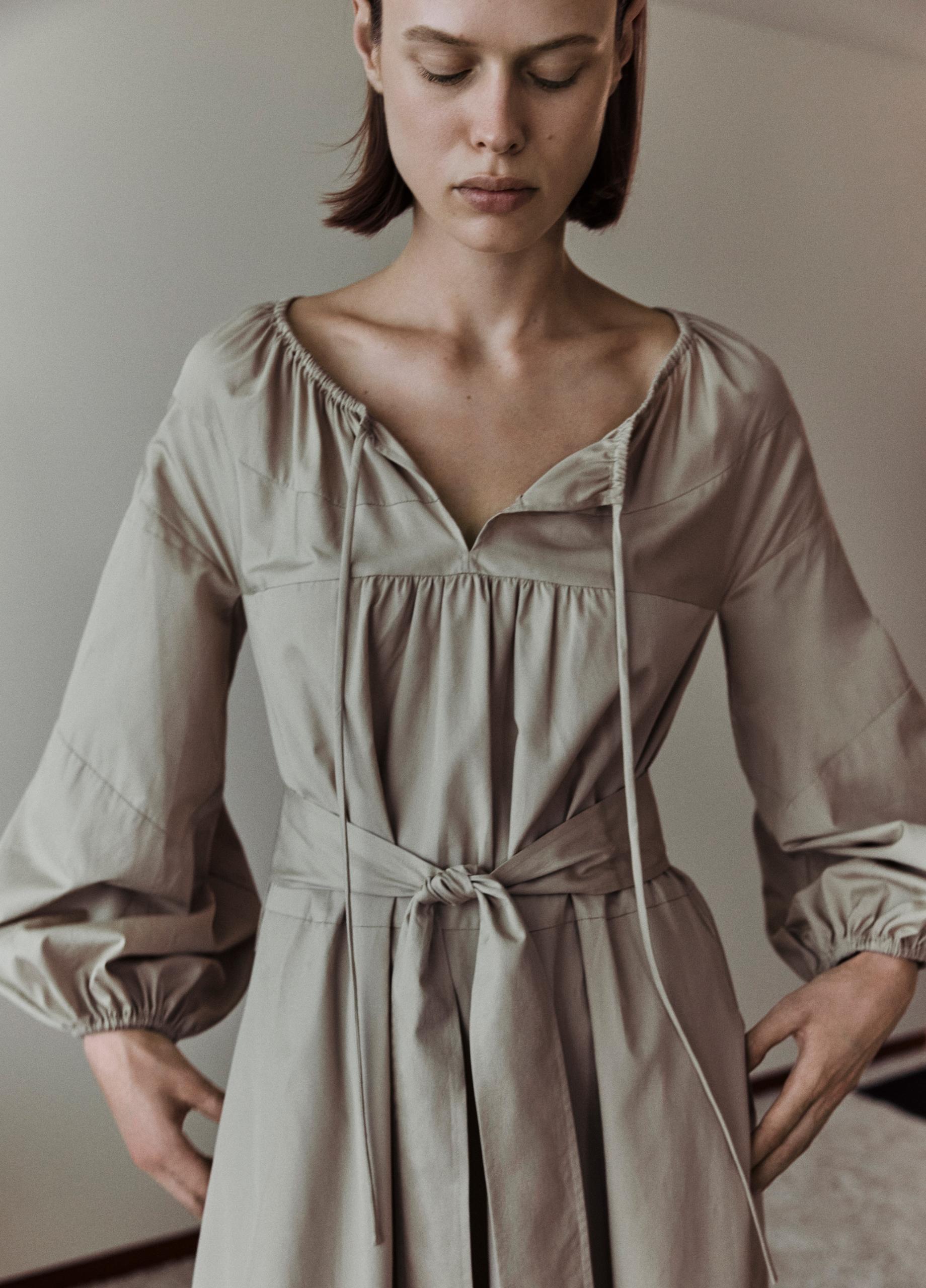 Shirred Cotton Belted Tie-Neck Dress image number 5