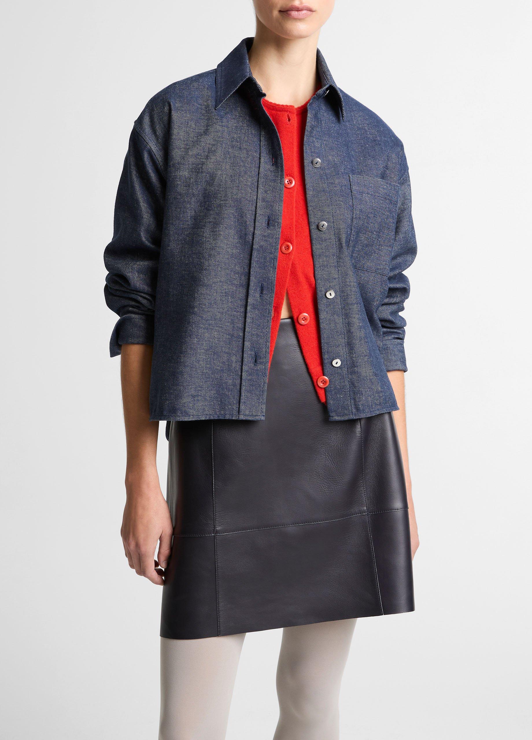 Women's Cotton-linen Chambray Cropped Button-Front Shirt, Indigo, Size XXS Vince