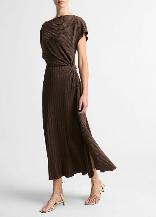 Diagonal Pleated Twist-Waist Dress