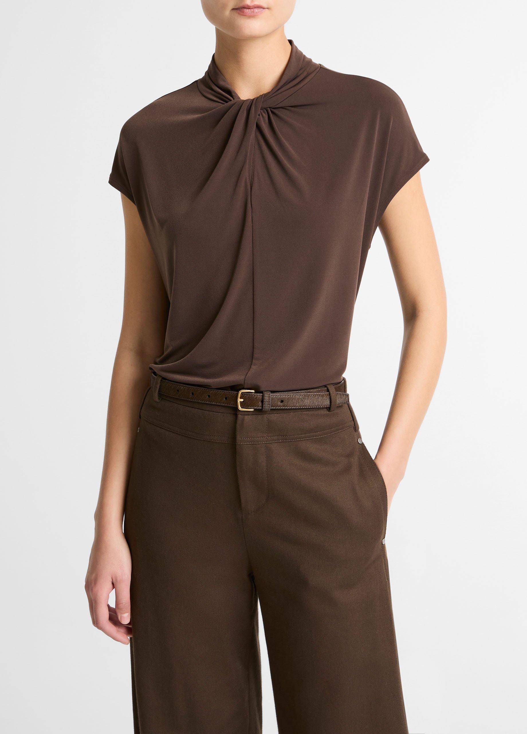 Twist-Neck Matte Jersey Cap-Sleeve Top