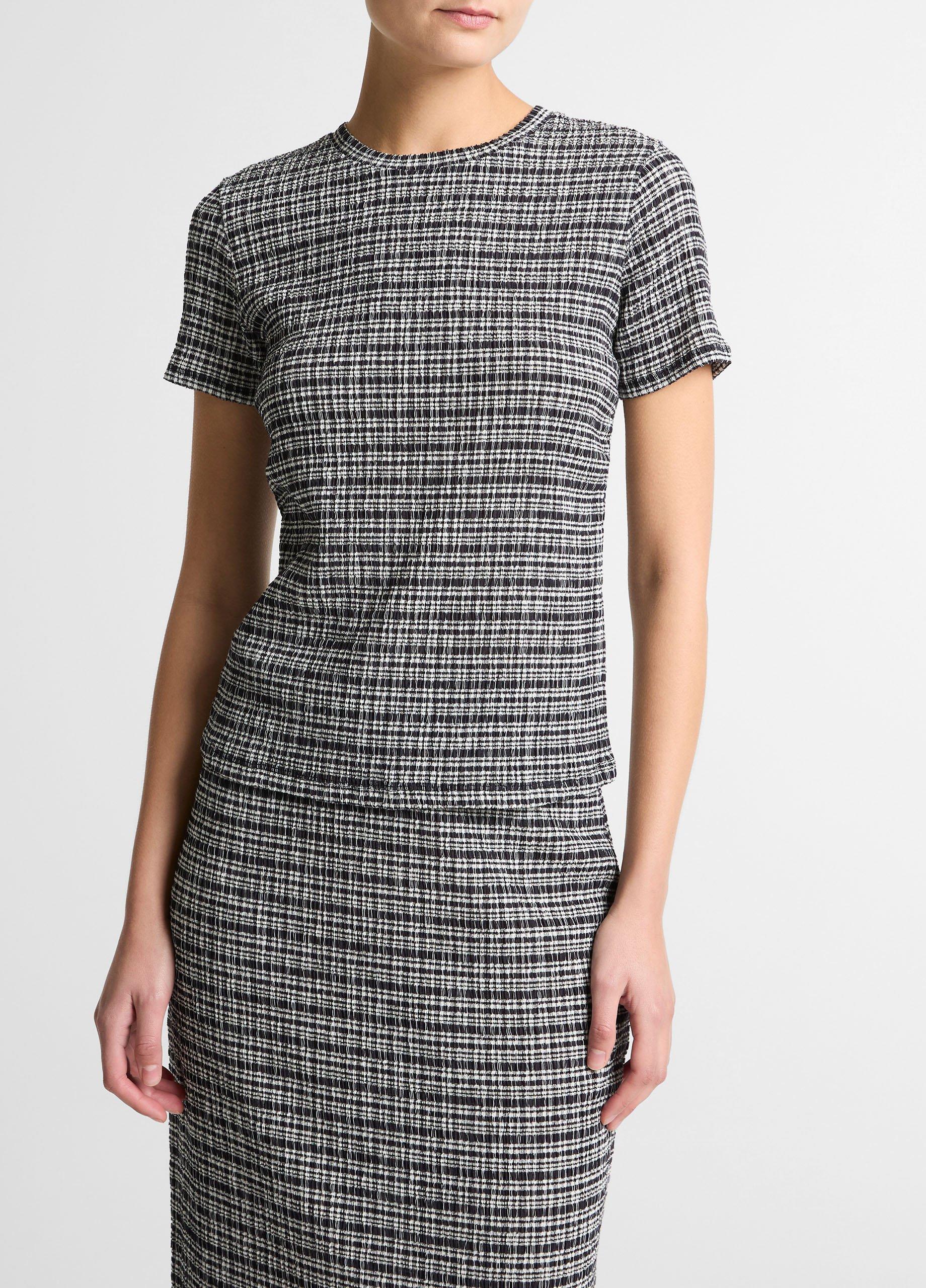 Plaid Grid-Knit Short-Sleeve Crew Neck Top image number 0