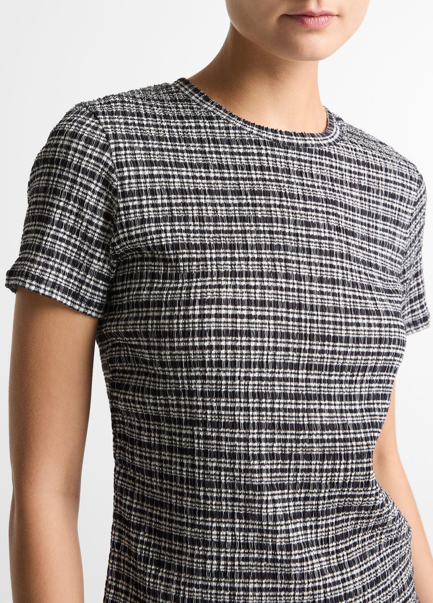 Plaid Grid-Knit Short-Sleeve Crew Neck Top image number 1