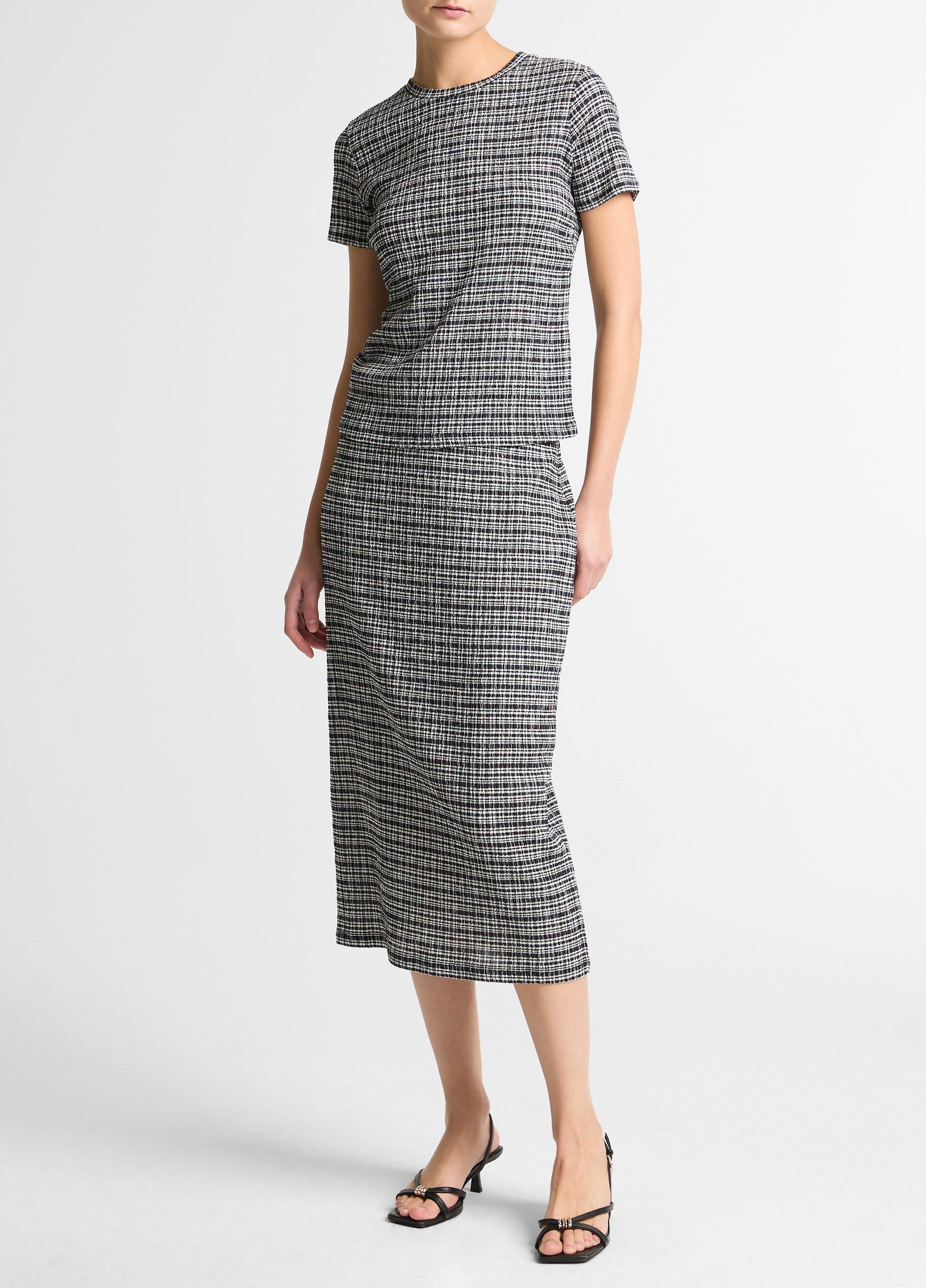 Plaid Grid-Knit Short-Sleeve Crew Neck Top image number 3