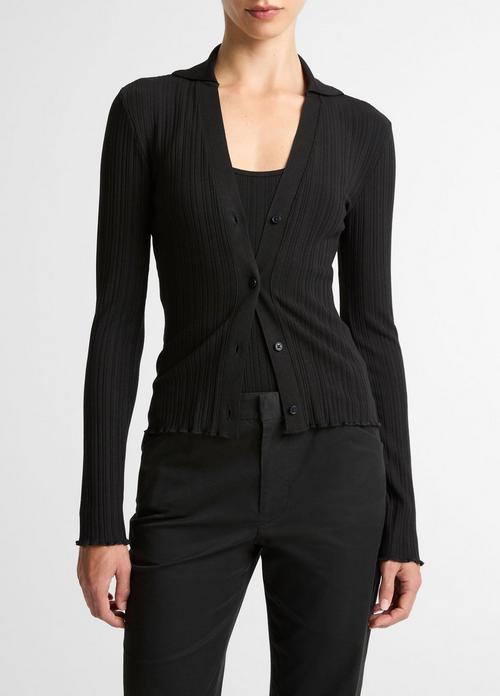 Variegated-Rib Cotton-Blend Polo Top