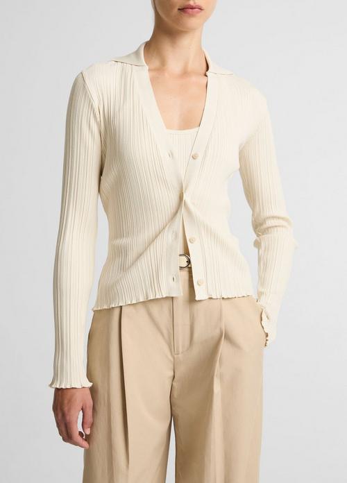 Variegated-Rib Cotton-Blend Polo Top