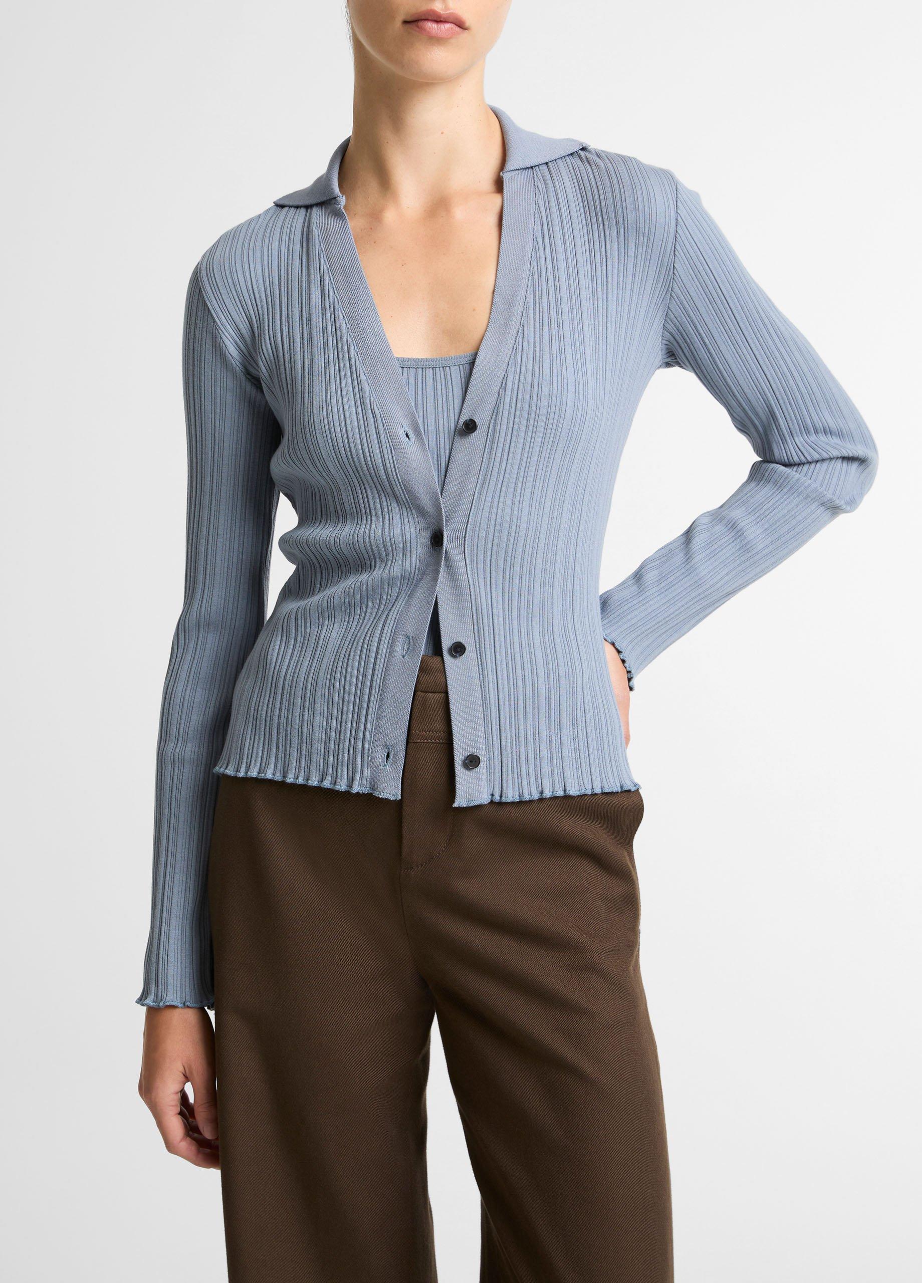 Variegated-Rib Cotton-Blend Polo Top