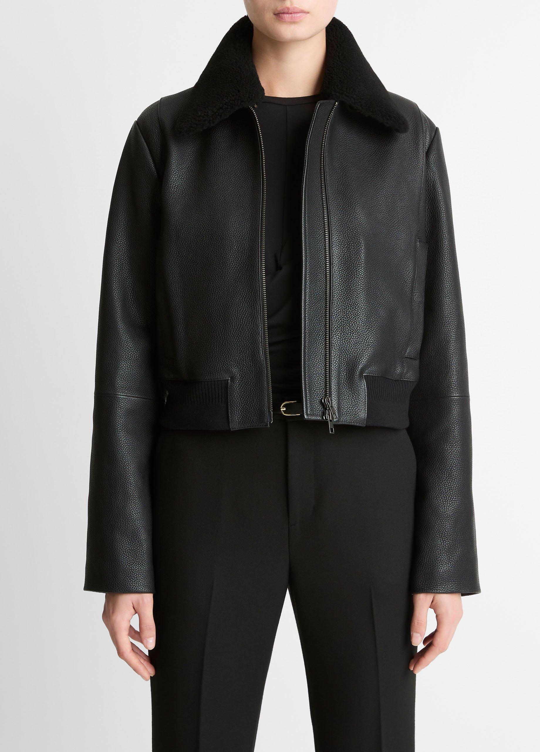 Shearling-Trim Shrunken Leather Jacket in Leather Jackets | Vince