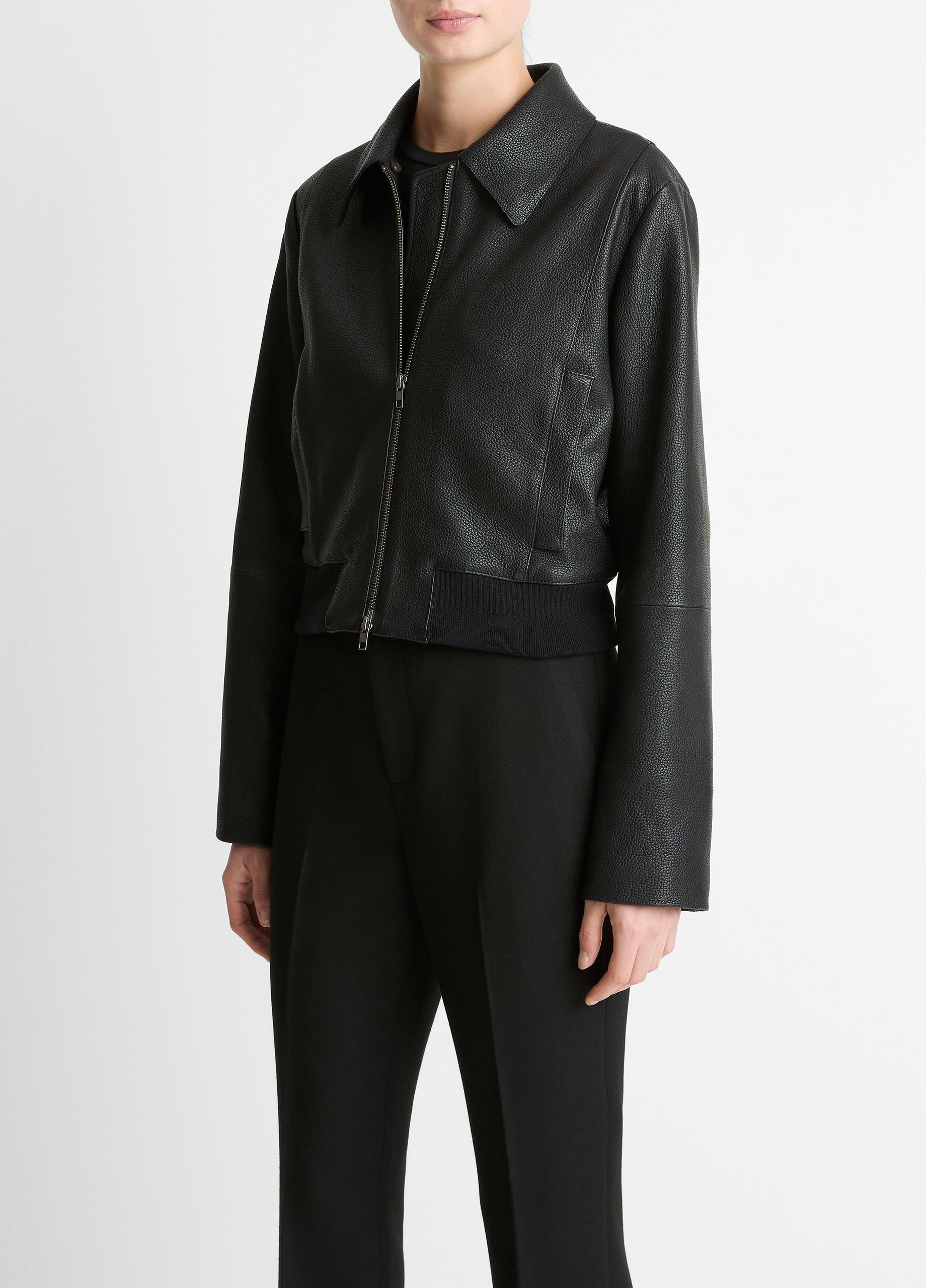 Shearling-Trim Shrunken Leather Jacket image number 1