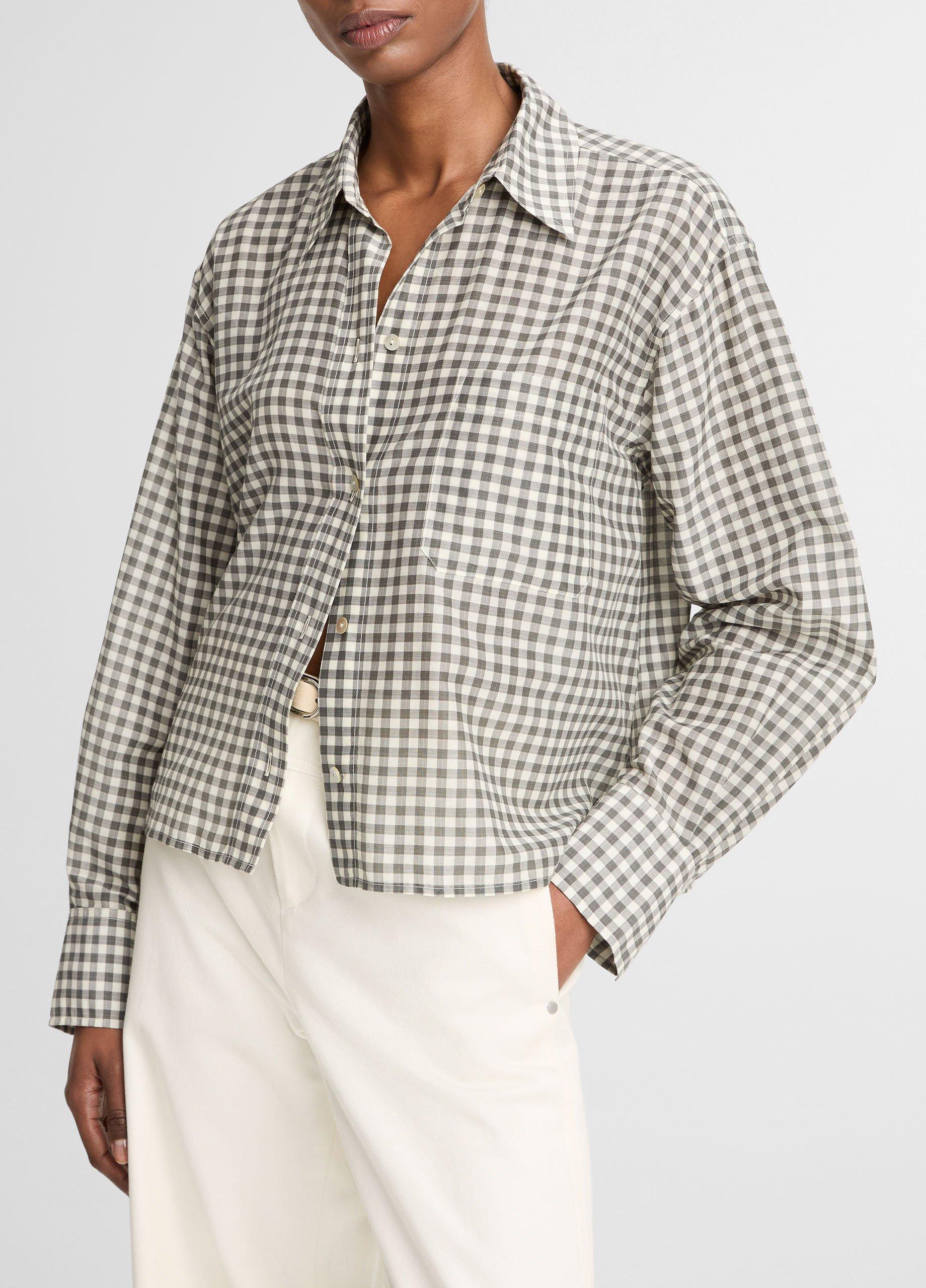 Gingham Cotton-Silk Cropped Button-Front Shirt image number 0